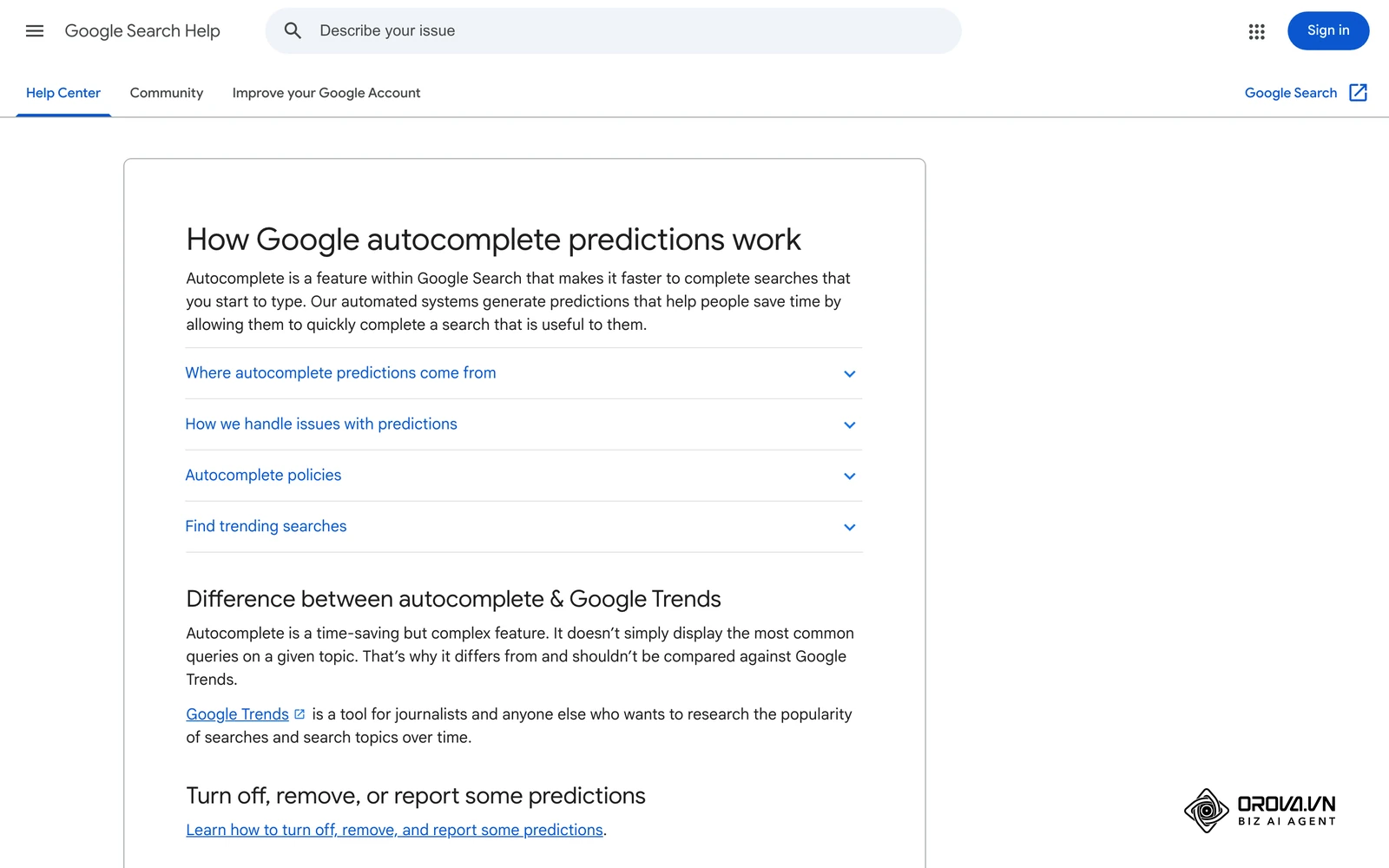 Pàgina oficial de l'ajuda de la Cerca de Google que explica com funcionen les prediccions de l'autocompletar (ajuda en anglès).