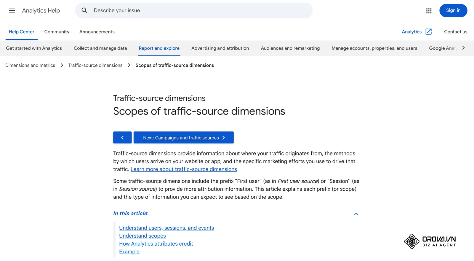 Pahina ng tulong ng Google Analytics tungkol sa saklaw ng mga traffic-source dimension sa GA4, gaya ng session source at medium na pinupunan ng mga UTM value.