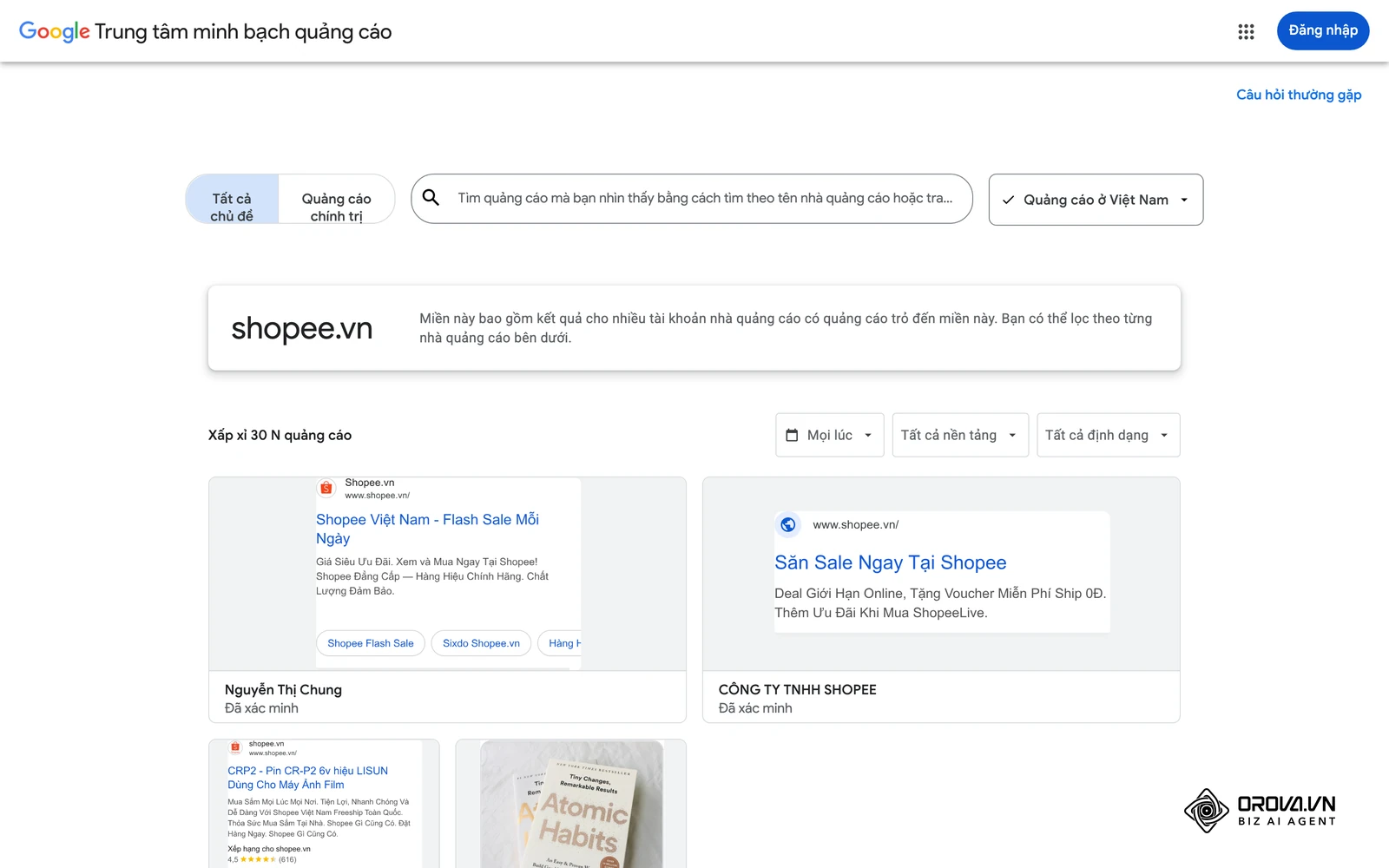 Trung tâm minh bạch quảng cáo Google (khu vực Việt Nam): nhiều tài khoản nhà quảng cáo cùng trỏ về một tên miền, mỗi bên hiện tên pháp nhân và dấu Đã xác minh.