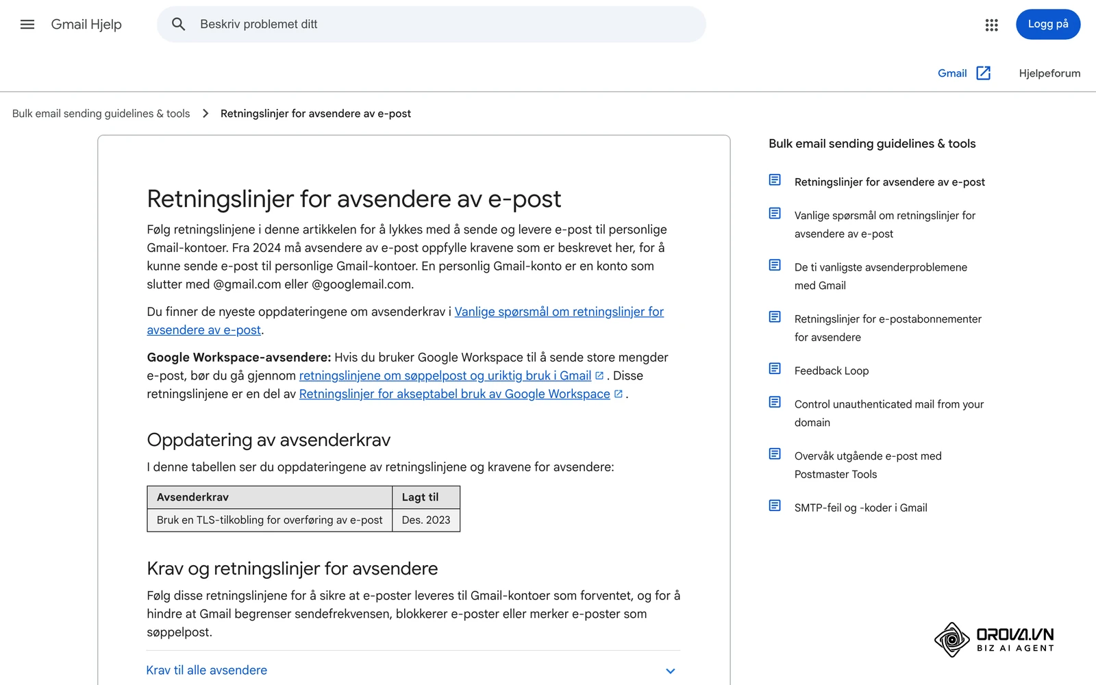 Googles retningslinjer for avsendere av e-post (Gmail Hjelp, norsk): krav til autentisering av domenet og enkel avmelding.