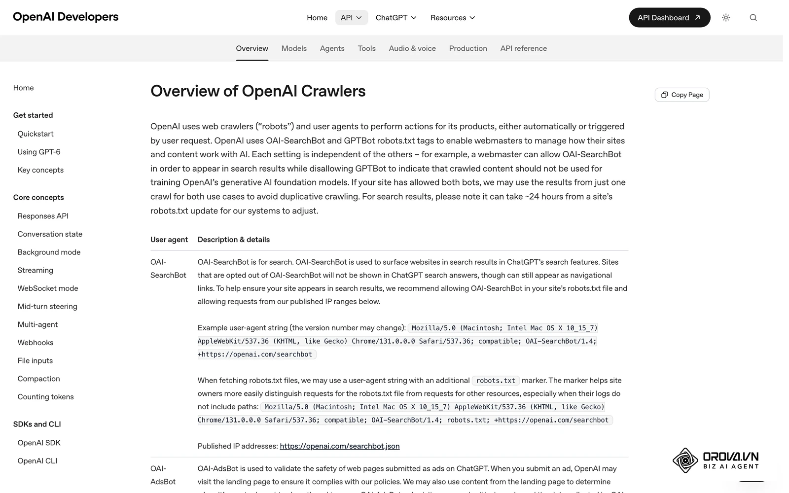 OpenAI's documentation listing its crawler user-agents, including GPTBot.