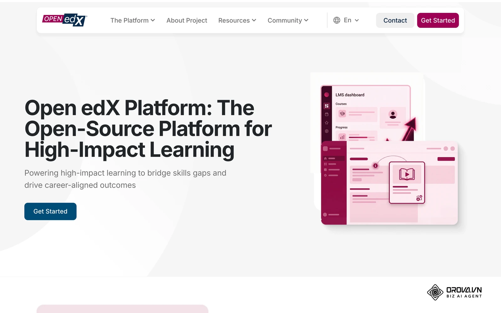 Pàgina oficial d'Open edX, una plataforma e-learning de codi obert, amb una il·lustració del seu tauler de cursos.