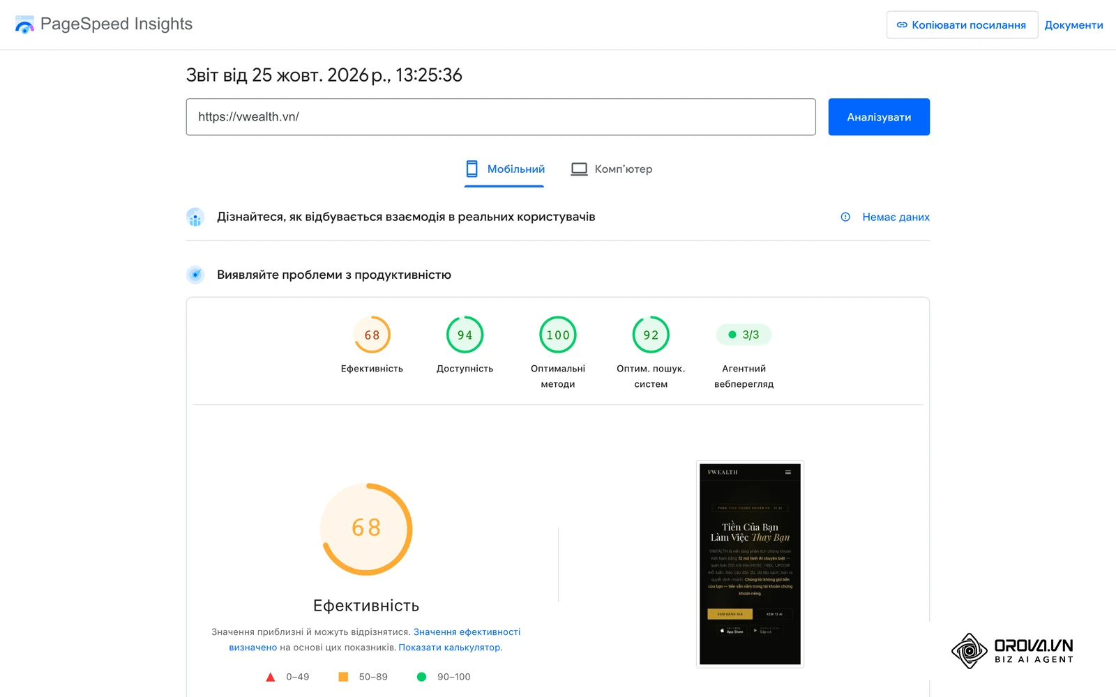 Звіт PageSpeed Insights для мобільної версії vwealth.vn: оцінки ефективності, доступності, оптимальних методів і пошукової оптимізації