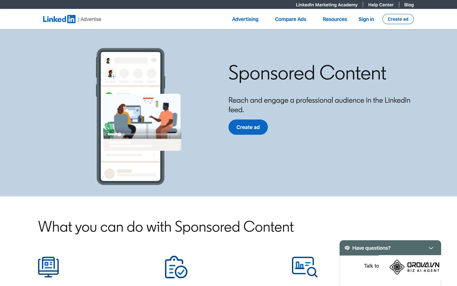 LinkedIn's official Sponsored Content page (archived copy) showing how a sponsored ad appears in the LinkedIn feed.