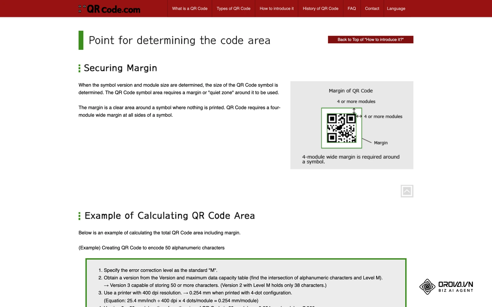 qrcode.com (DENSO WAVE): margine di 4 moduli e calcolo dell'area del QR Code.