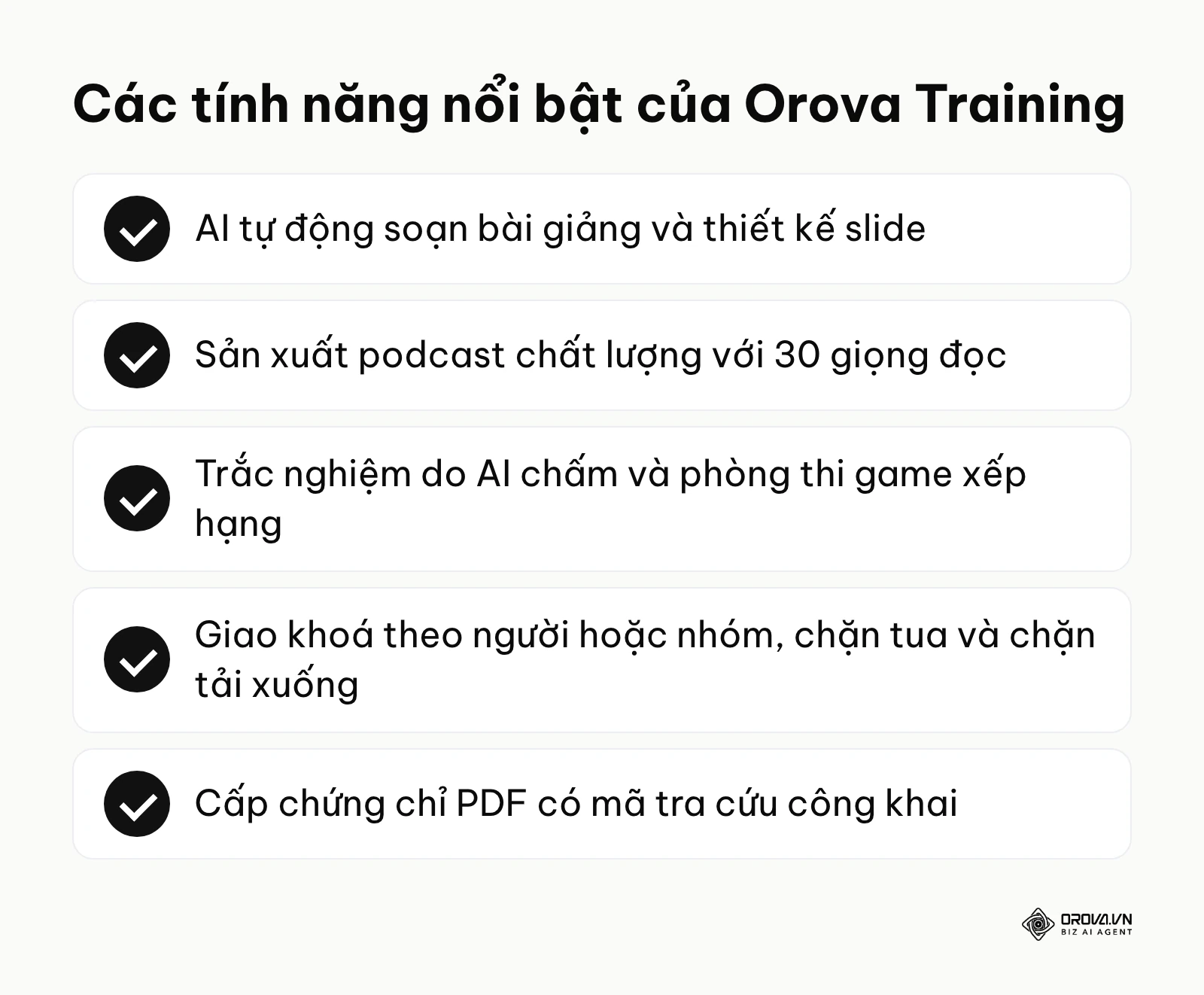 Tóm tắt các tính năng hỗ trợ tạo và quản lý khóa học online của Orova Training