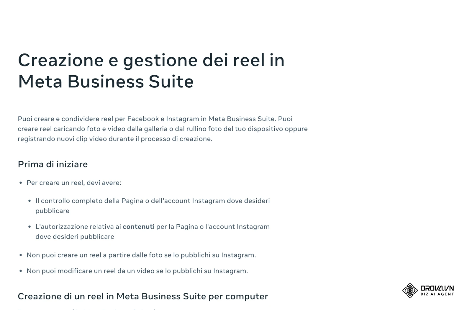 Centro assistenza per le aziende di Meta (in italiano): l'articolo «Creazione e gestione dei reel in Meta Business Suite», con i passaggi da Crea reel a Programma.
