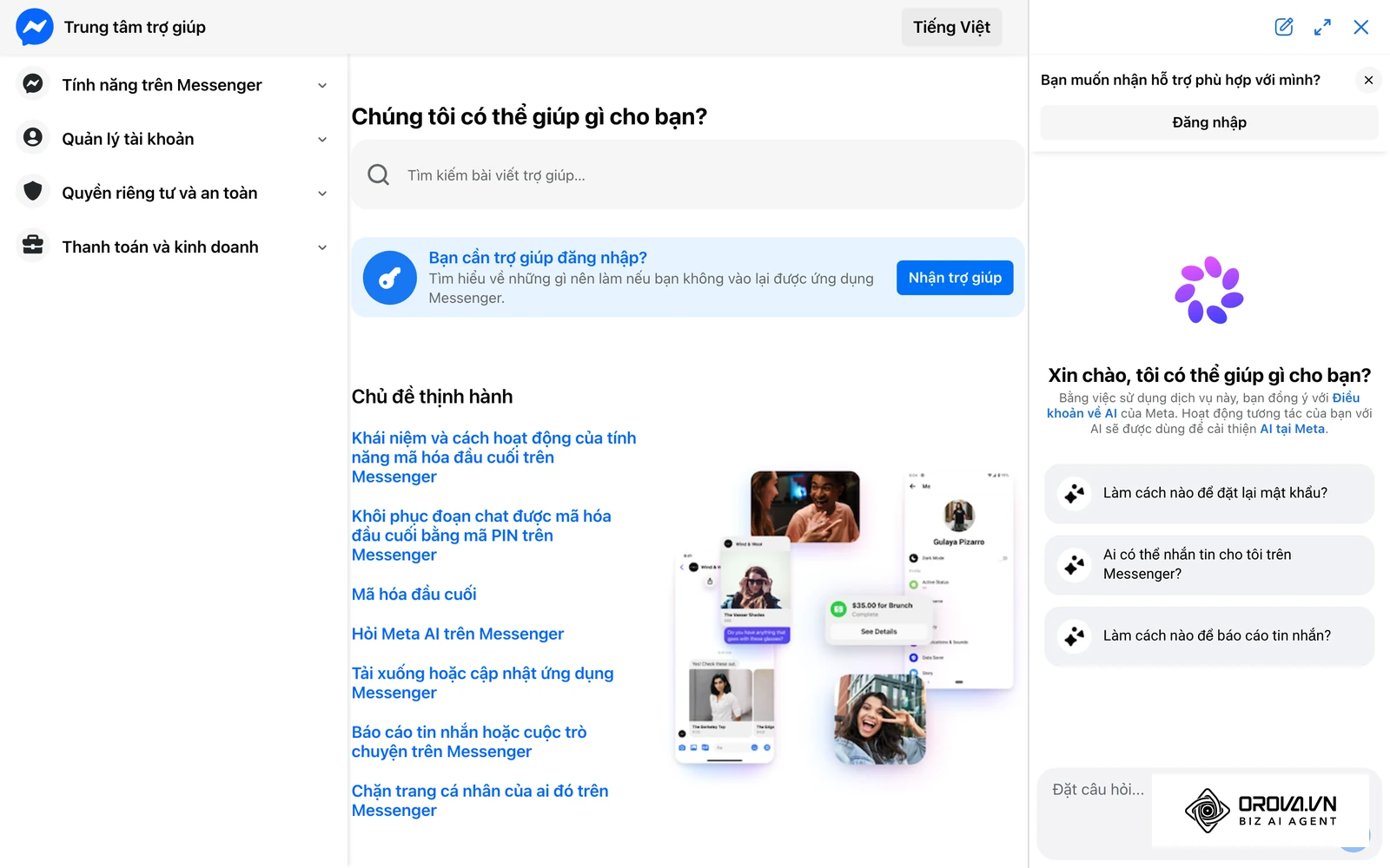 Trung tâm trợ giúp Messenger, nơi tra cách dùng các tính năng nhắn tin.