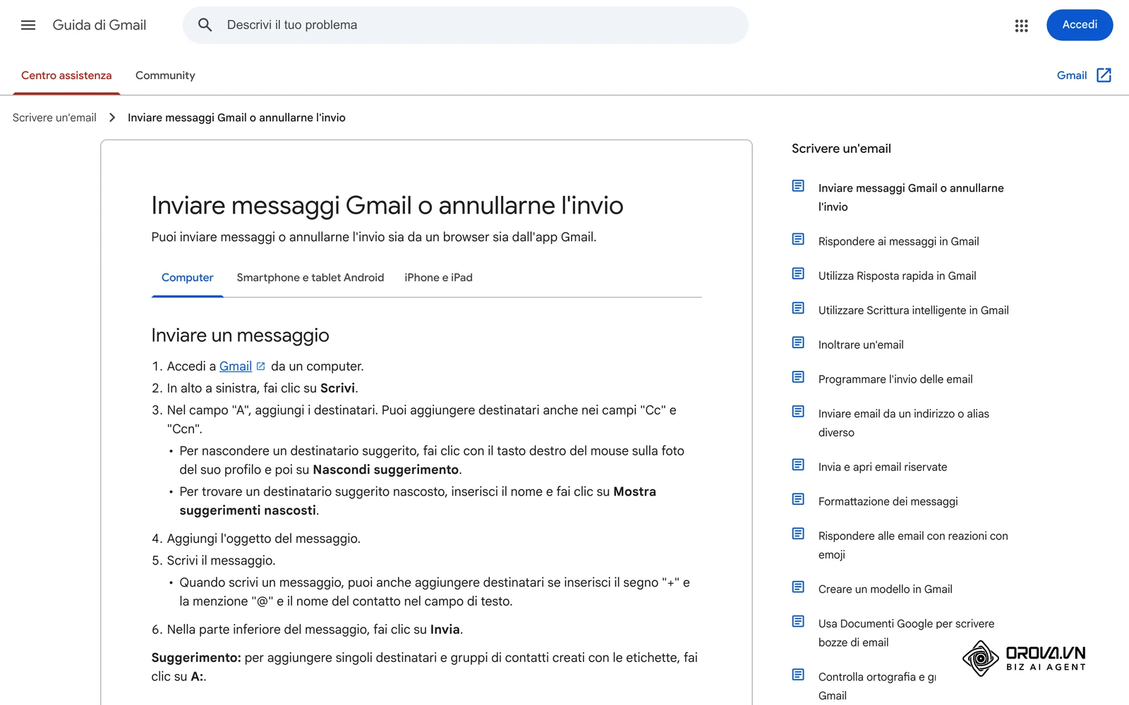 Guida ufficiale di Gmail in italiano sull'invio di un'email: campi A, Oggetto e corpo del messaggio.