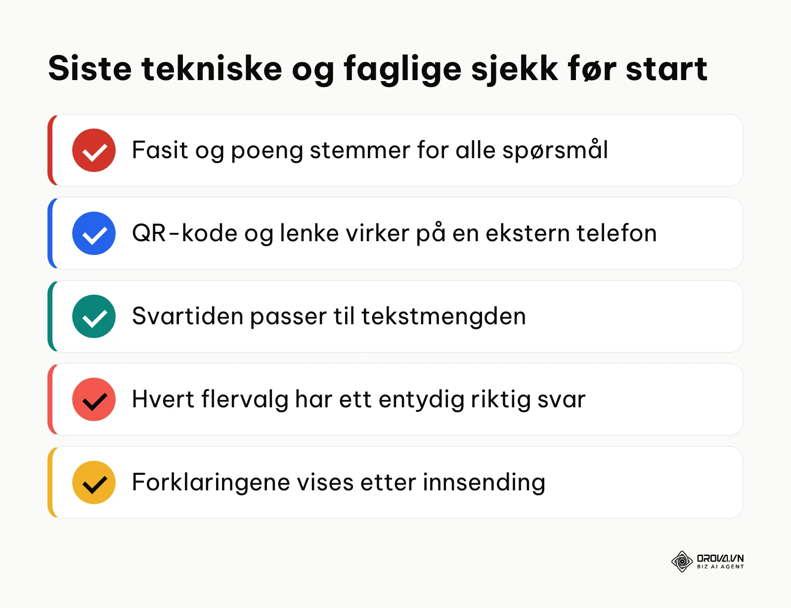 Sjekkliste med fem kontrollpunkter før quizen sendes ut