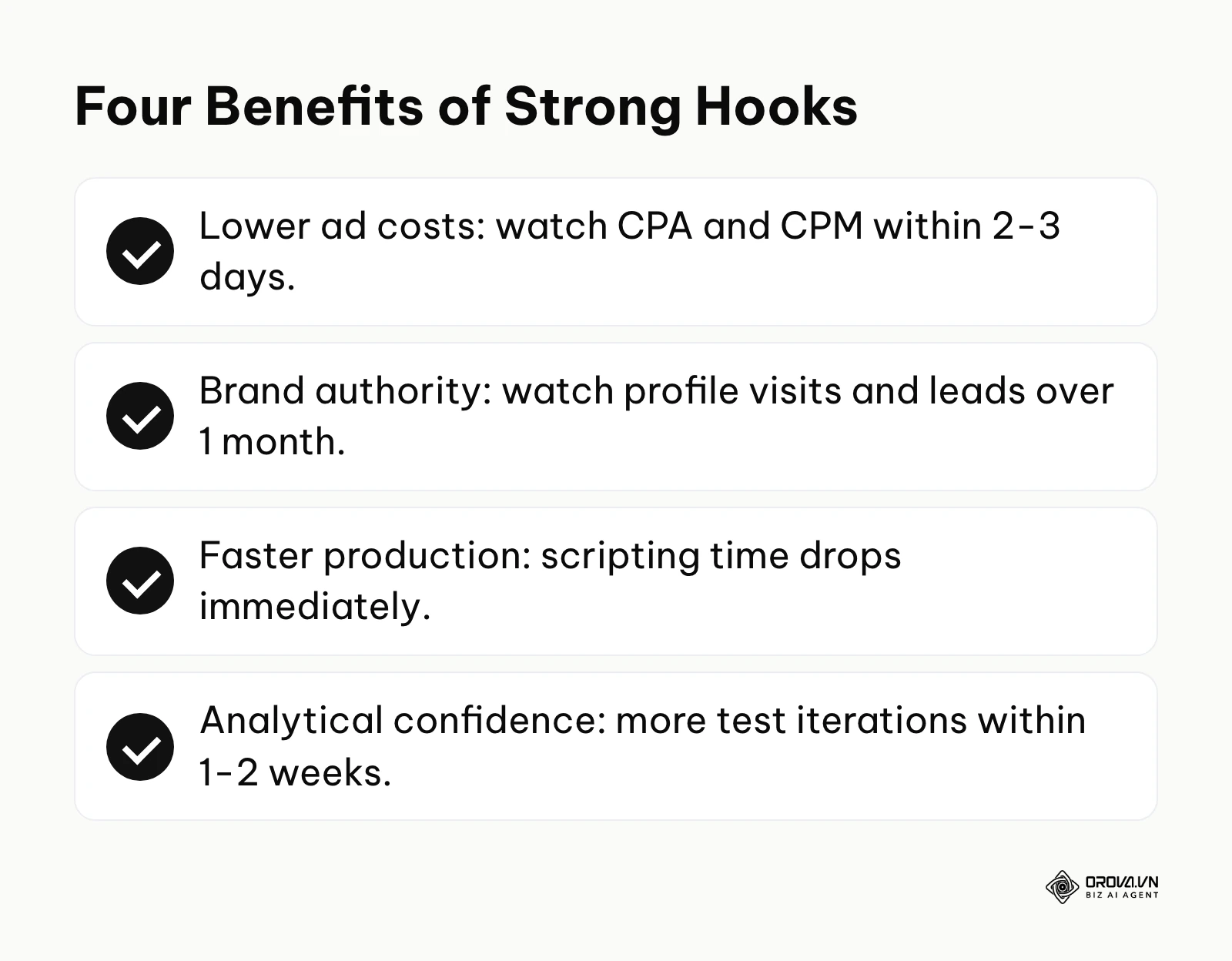 Summary of four benefits of strong TikTok hooks and when to see results.