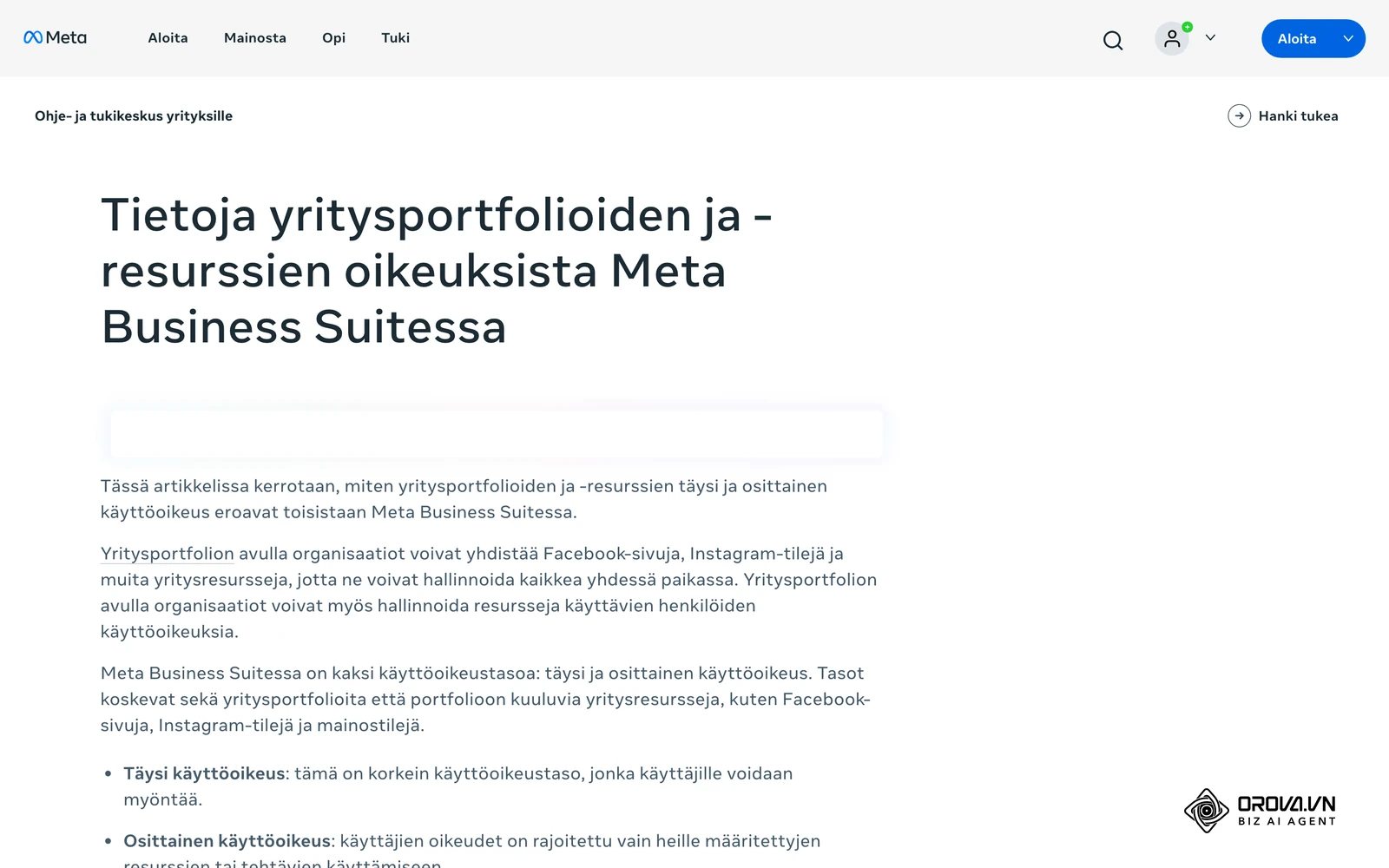 Metan ohje- ja tukikeskus yrityksille (suomeksi): yritysportfolion ja -resurssien täysi ja osittainen käyttöoikeus Meta Business Suitessa.