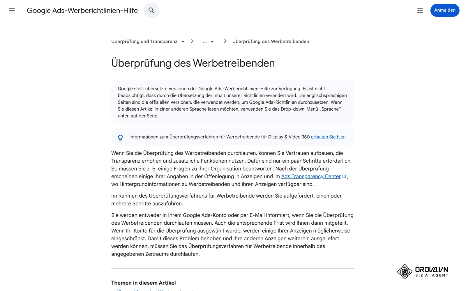 Google Ads-Werberichtlinien-Hilfe: Überprüfung des Werbetreibenden und Offenlegung im Ads Transparency Center.
