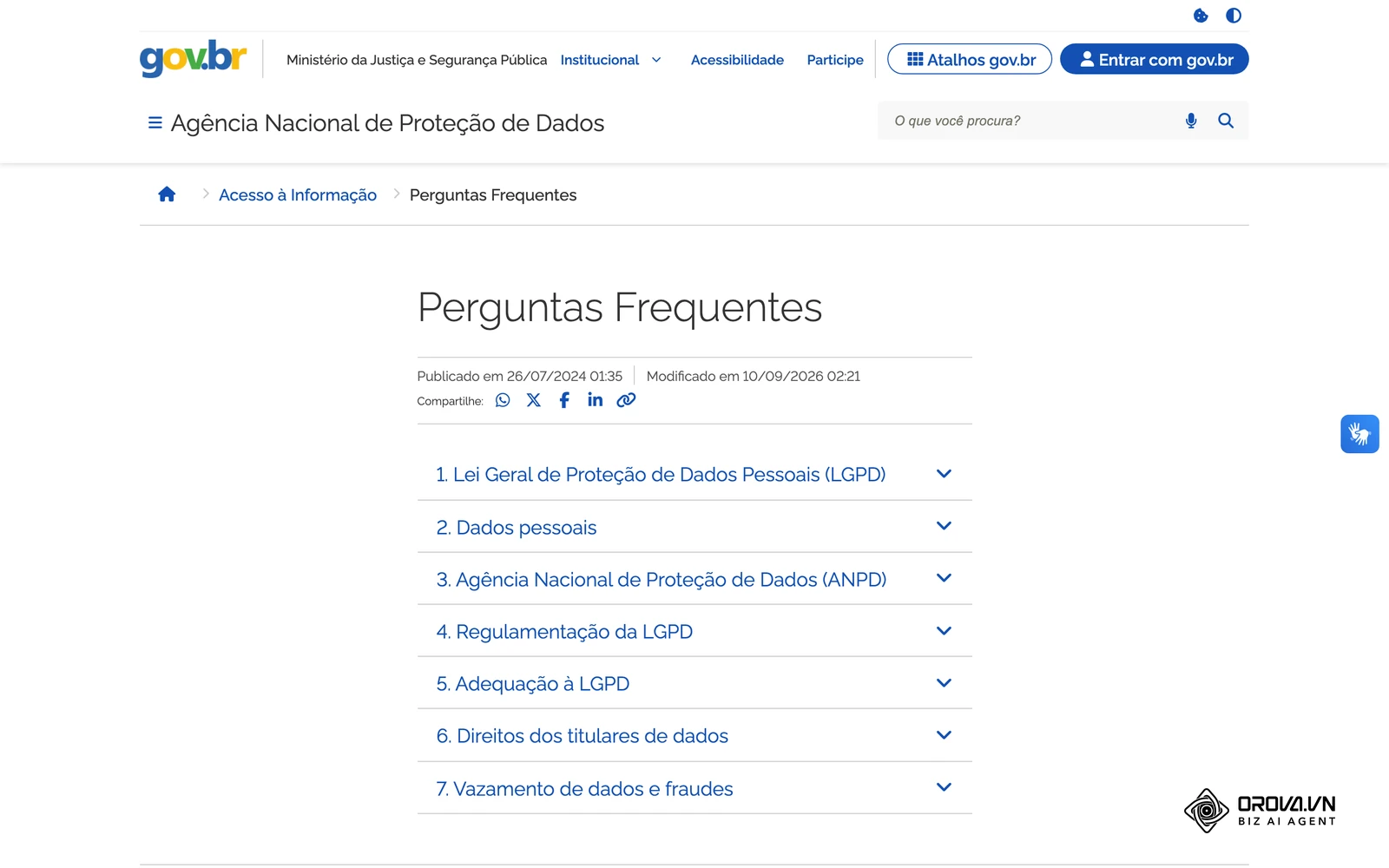 Página de perguntas frequentes da Agência Nacional de Proteção de Dados (ANPD) no gov.br, com os tópicos sobre a LGPD.