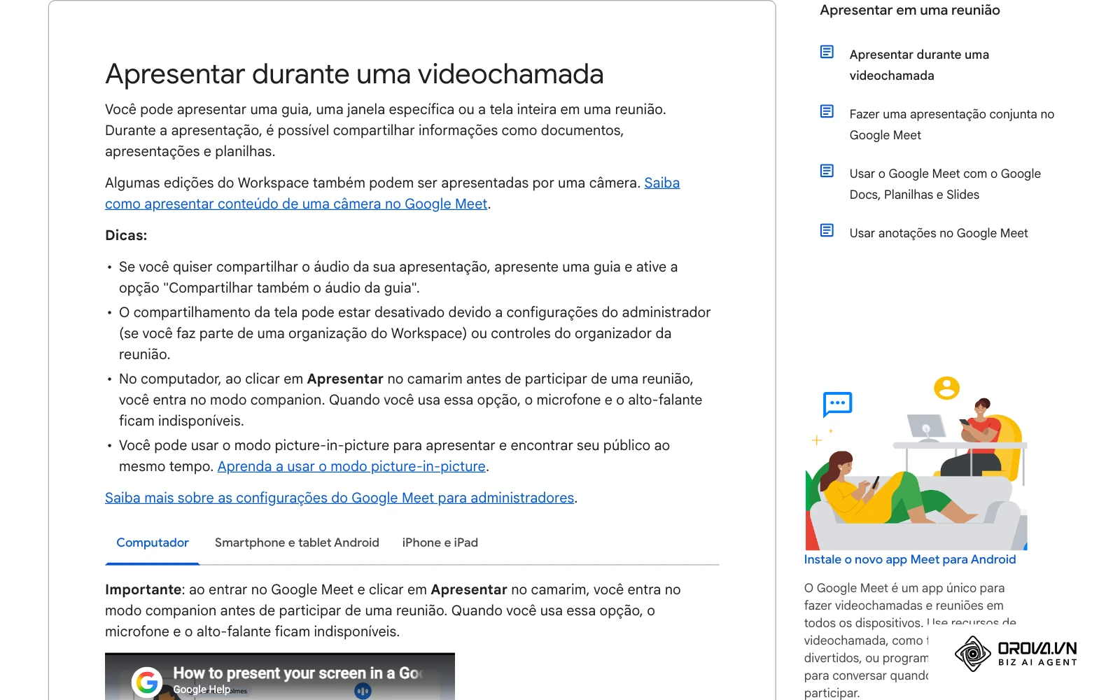 Central de ajuda do Google Meet (página pública): como apresentar uma guia, uma janela ou a tela inteira.