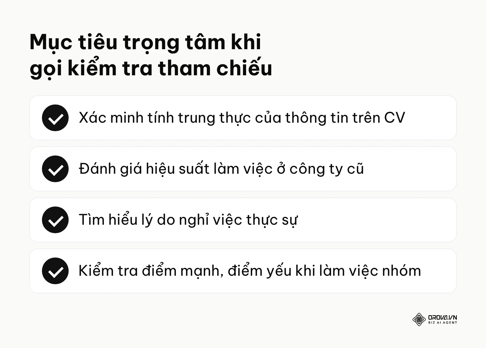 Danh sách 4 thông tin cần khai thác khi kiểm tra tham chiếu: tính trung thực, hiệu suất, lý do nghỉ và điểm yếu.