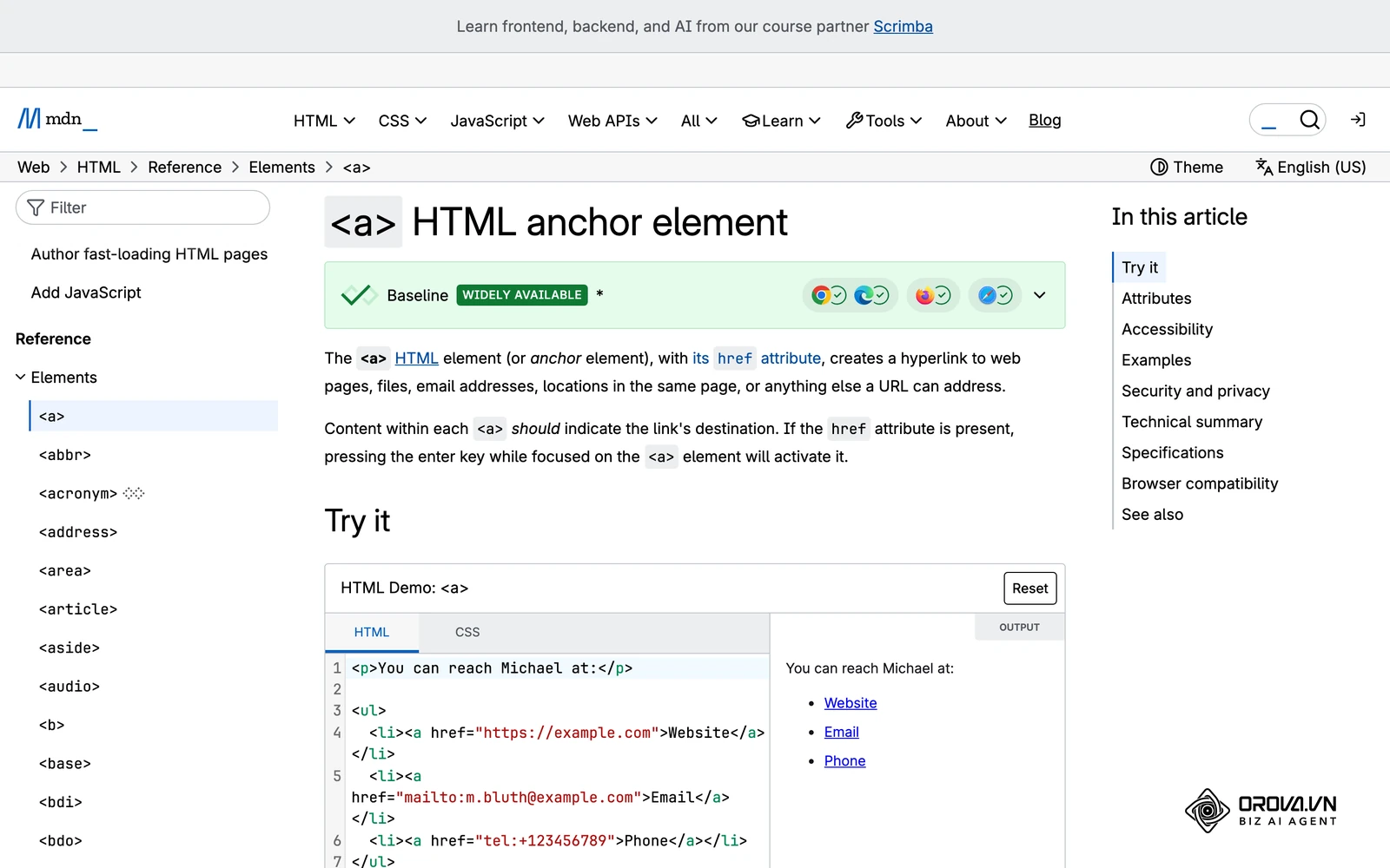 Tài liệu MDN về thẻ a trong HTML, phần tạo nên mọi liên kết.