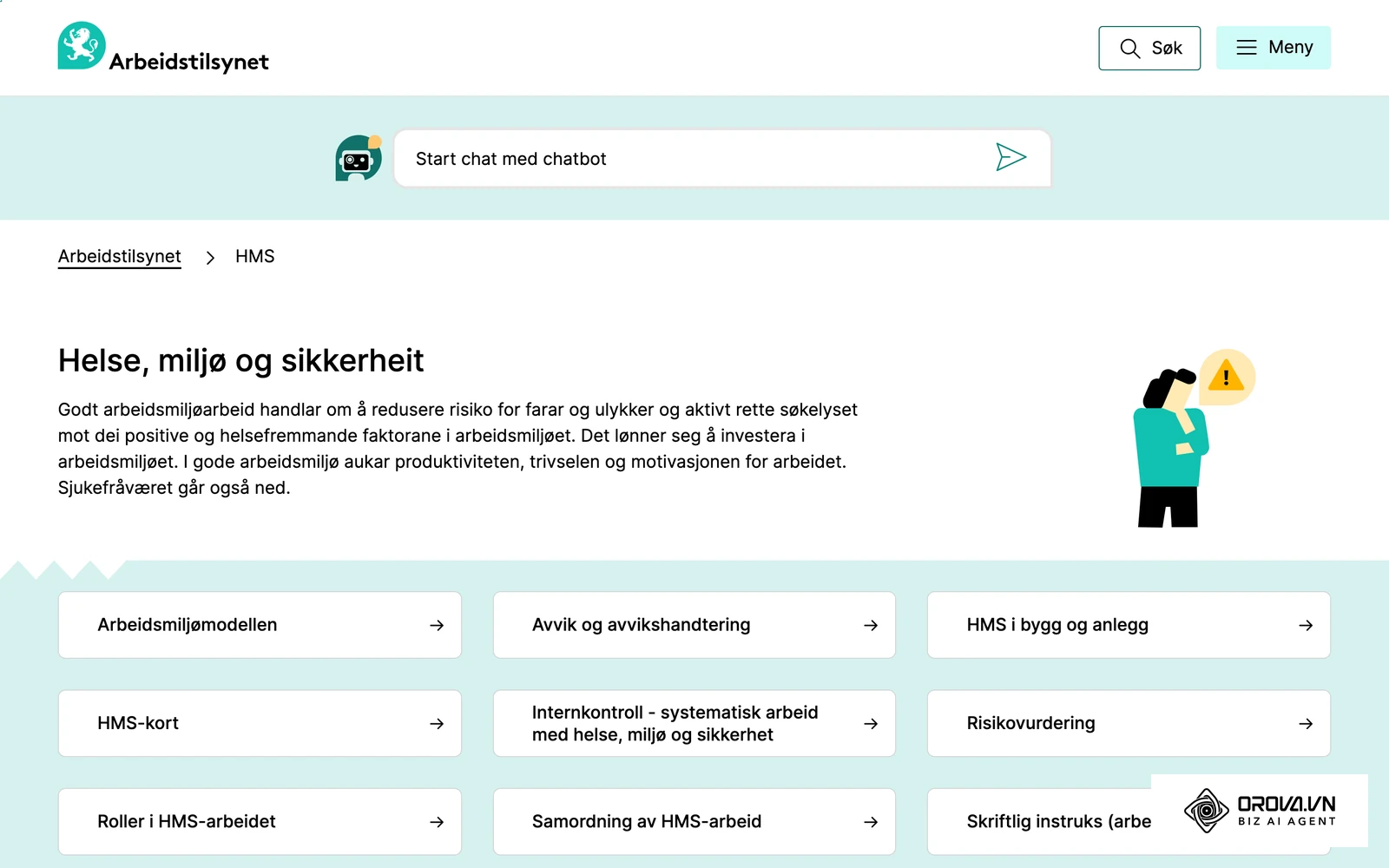 Arbeidstilsynets sider om HMS-arbeid, der arbeidsgivere finner veiledning om systematisk helse-, miljø- og sikkerhetsarbeid og opplæring.