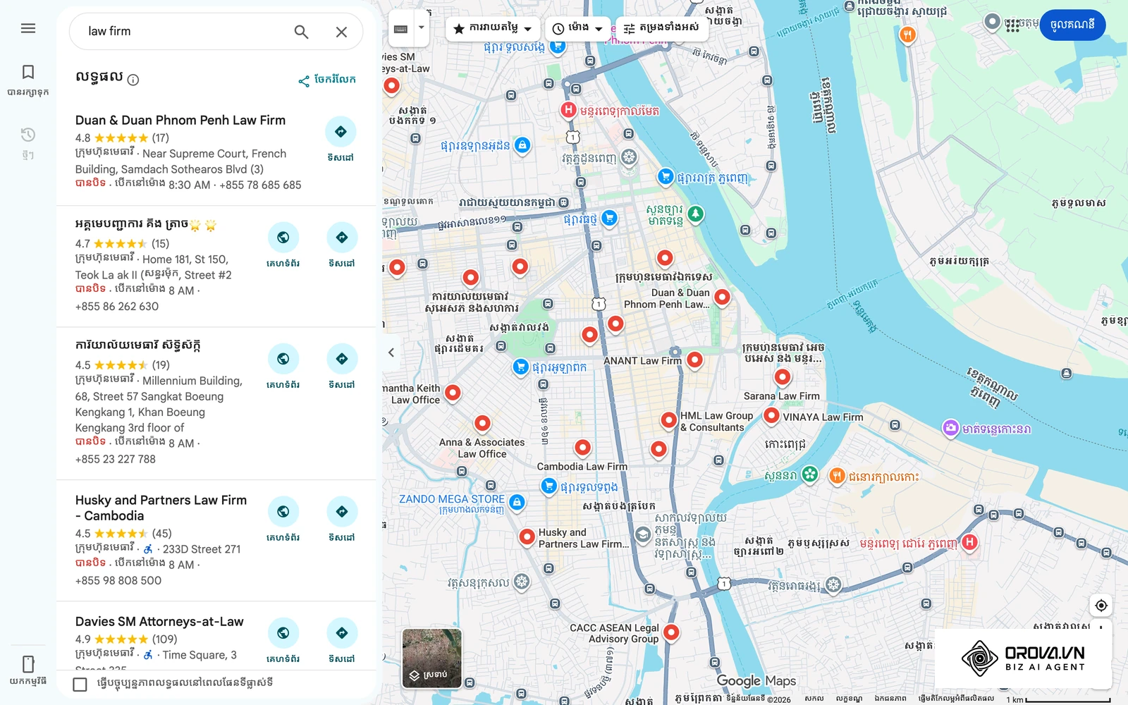 លទ្ធផលស្វែងរក "law firm" លើ Google Maps នៅភ្នំពេញ៖ បញ្ជីការិយាល័យច្បាប់ និងម្ជុលទីតាំងលើផែនទី គឺជាកន្លែងដែល local SEO for lawyers ប្រកួតប្រជែង