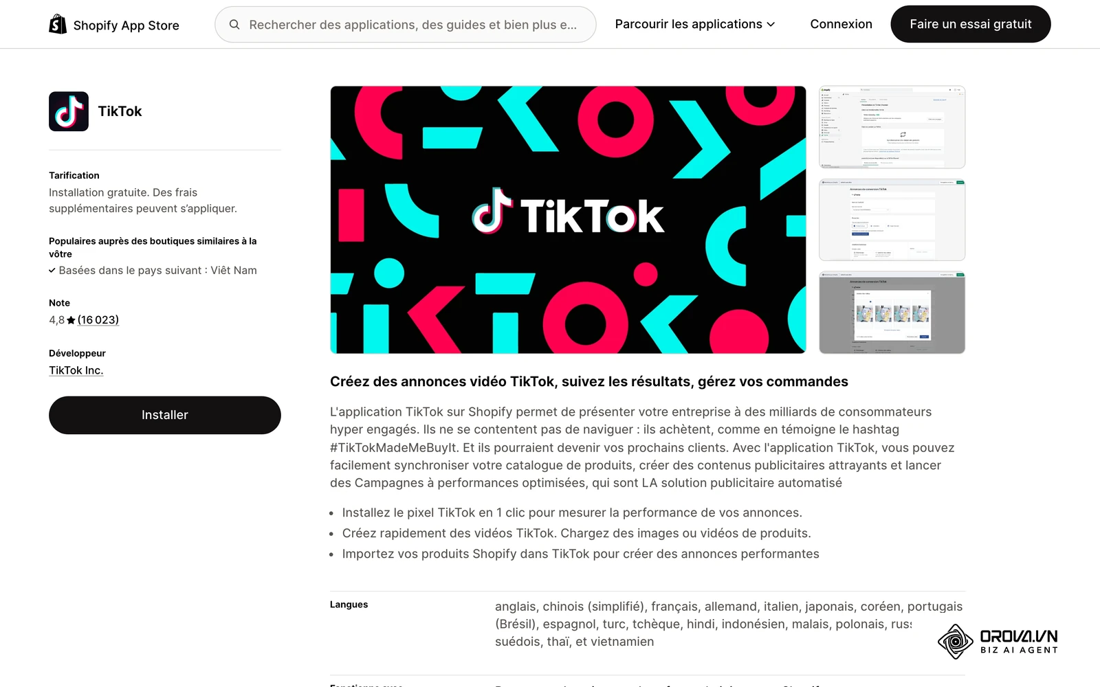 Fiche officielle de l'application TikTok sur le Shopify App Store, qui présente les Campagnes à performances optimisées et, en vignettes, l'interface de création d'une campagne de conversion.