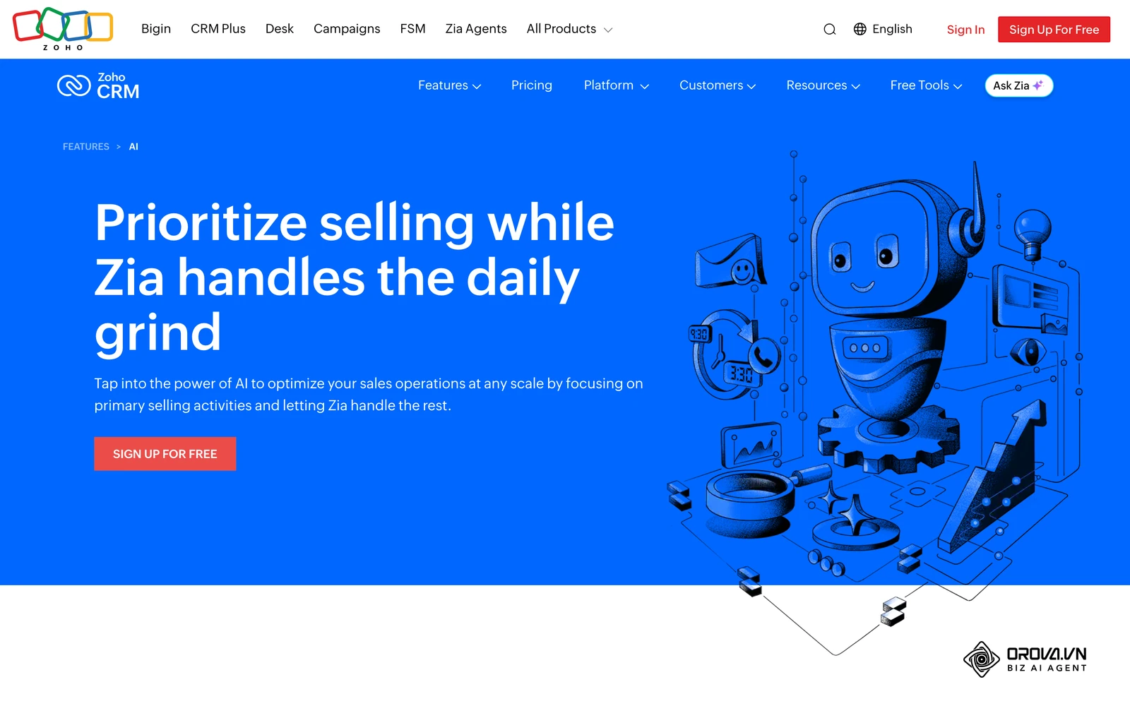 Trang giới thiệu trợ lý AI Zia trong Zoho CRM, ví dụ cho xu hướng đưa AI vào phần mềm CRM.