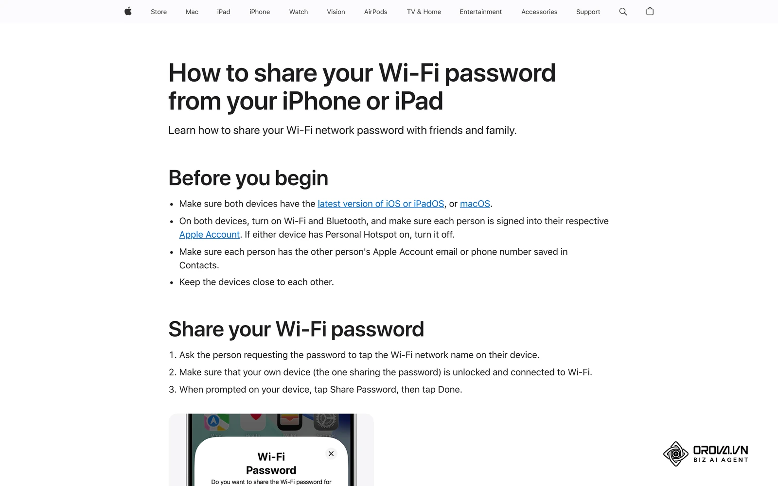 Apple Support covers sharing a Wi-Fi password between nearby Apple devices.