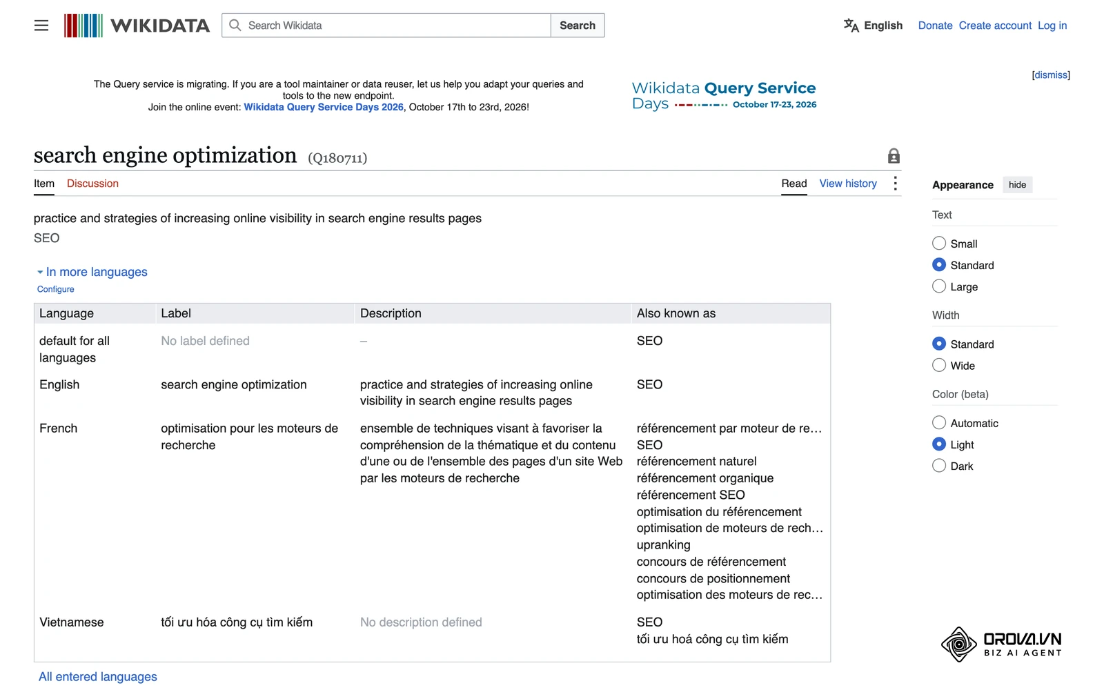 Fiche Wikidata Q180711 « optimisation pour les moteurs de recherche » : une entité avec son identifiant unique, ses libellés multilingues et ses relations.