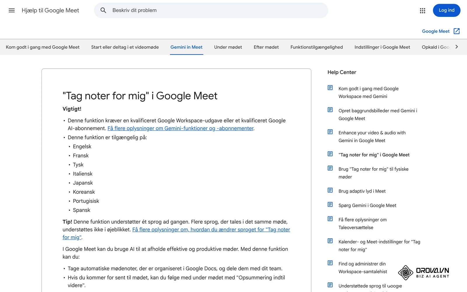 Google Meet Hjælp om "Tag noter for mig": siden viser, hvilke sprog funktionen understøtter – dansk er ikke på listen (oktober 2026).