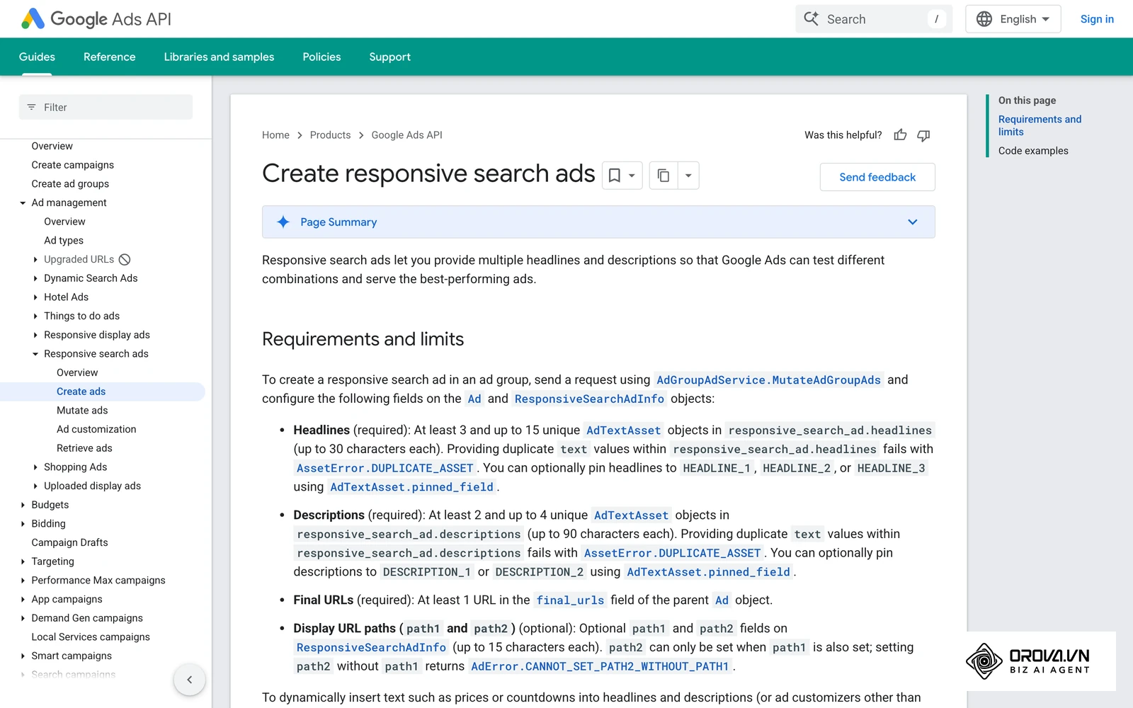 The same documentation shows that a responsive search ad is built from separate headline and description assets rather than one fixed block of text.