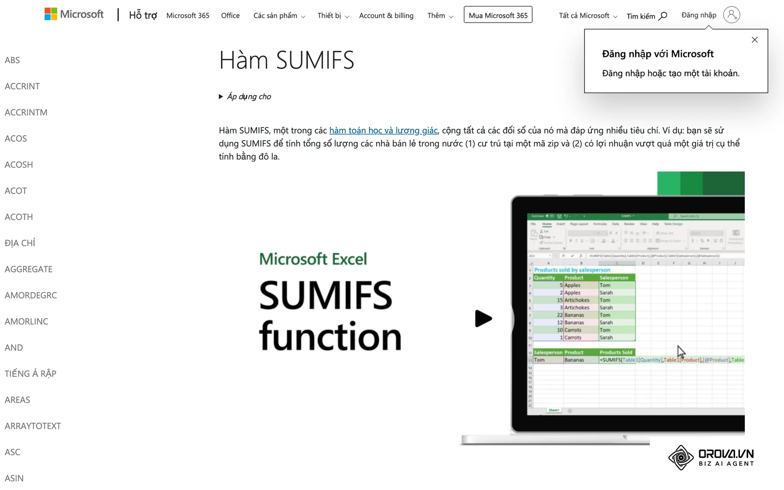 Trang trợ giúp chính thức của Microsoft về hàm SUMIFS trong Excel, hàm dùng trong đề kiểm tra tin học 30 phút cần chuẩn bị trước