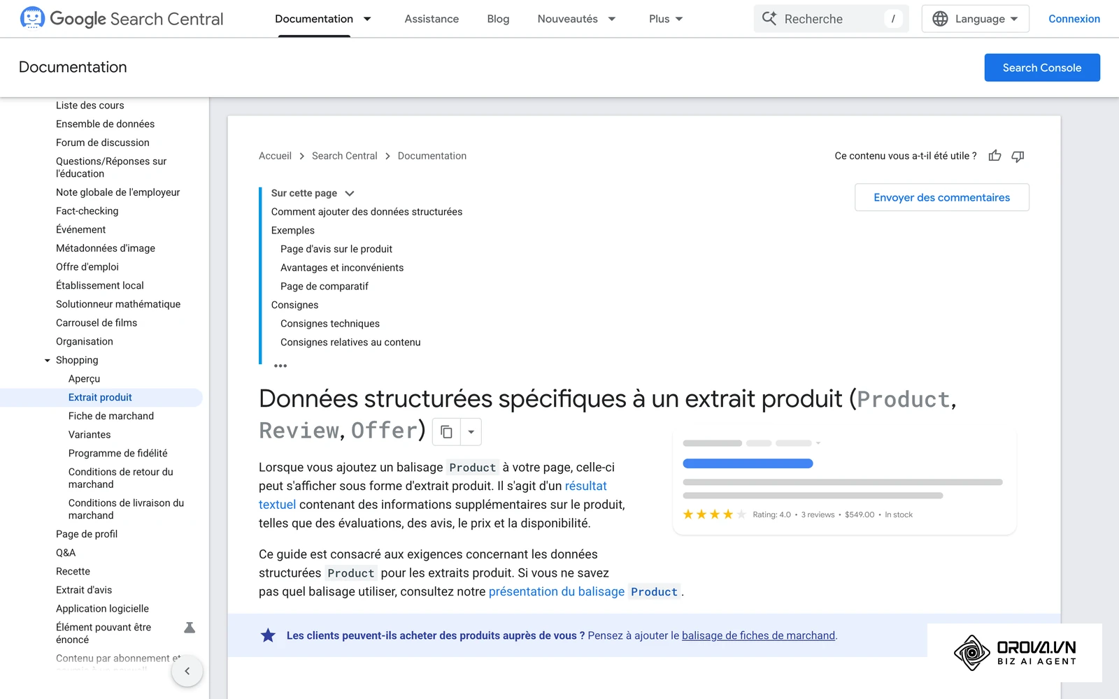 Documentation Google Search Central sur les extraits de produit : les données structurées Product permettent d'afficher prix, avis et disponibilité dans les résultats.