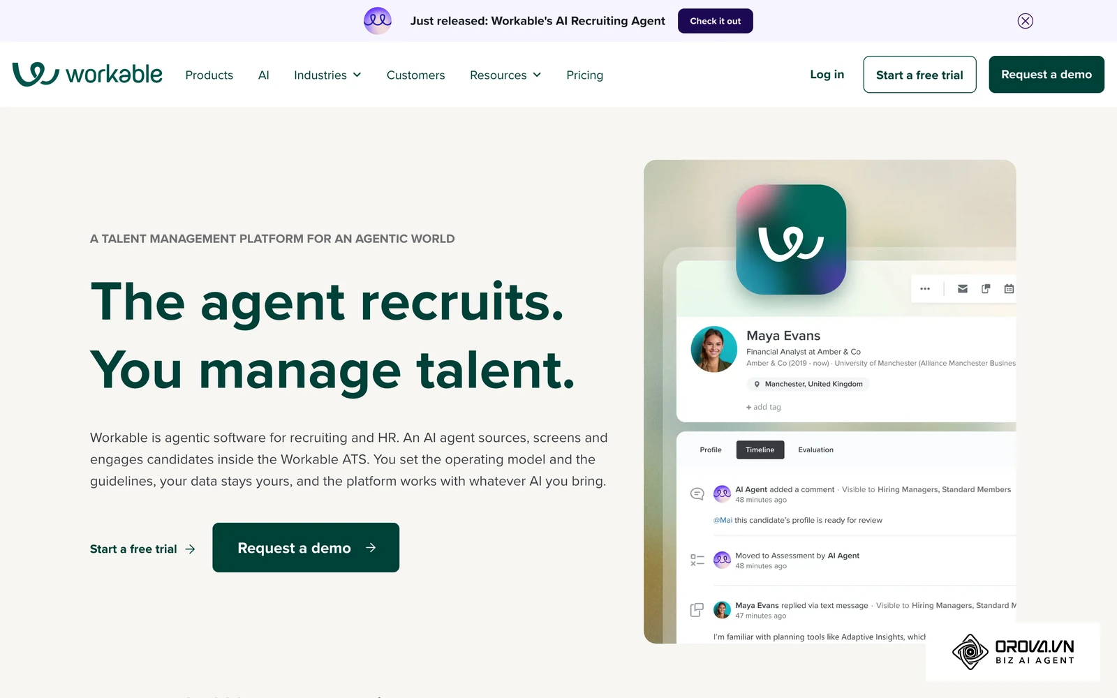 Workable's homepage presents its recruiting software and AI recruiting agent.