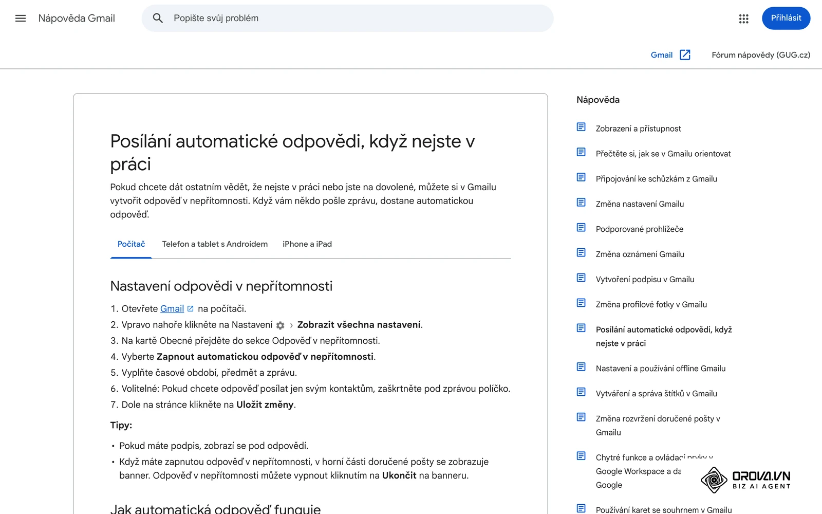 Česká nápověda Gmailu: nastavení odpovědi v nepřítomnosti na kartě Obecné.