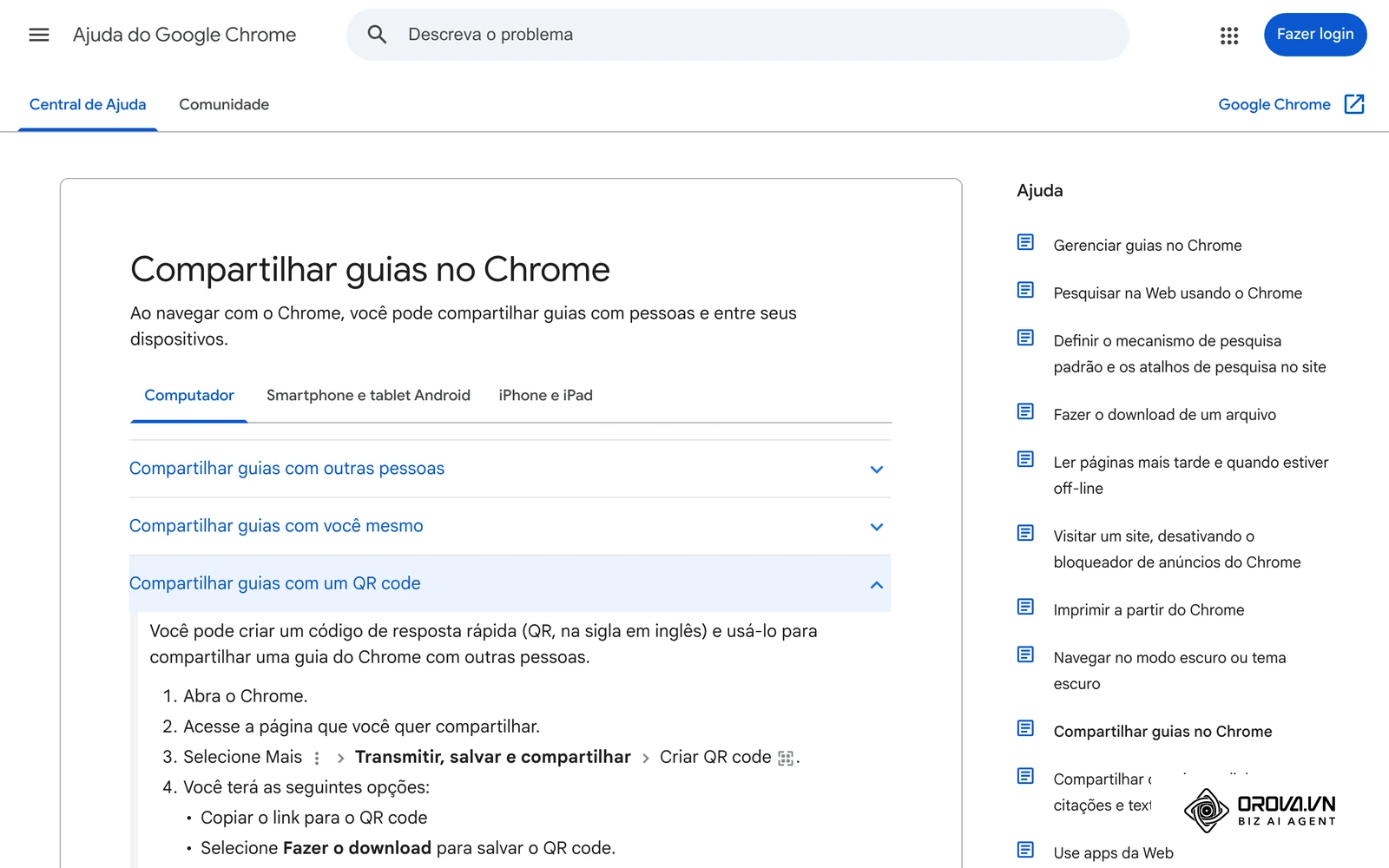 Central de Ajuda do Google Chrome em português, aba Computador: Compartilhar guias com um QR code, com o caminho Mais > Transmitir, salvar e compartilhar > Criar QR code e a opção Fazer o download.