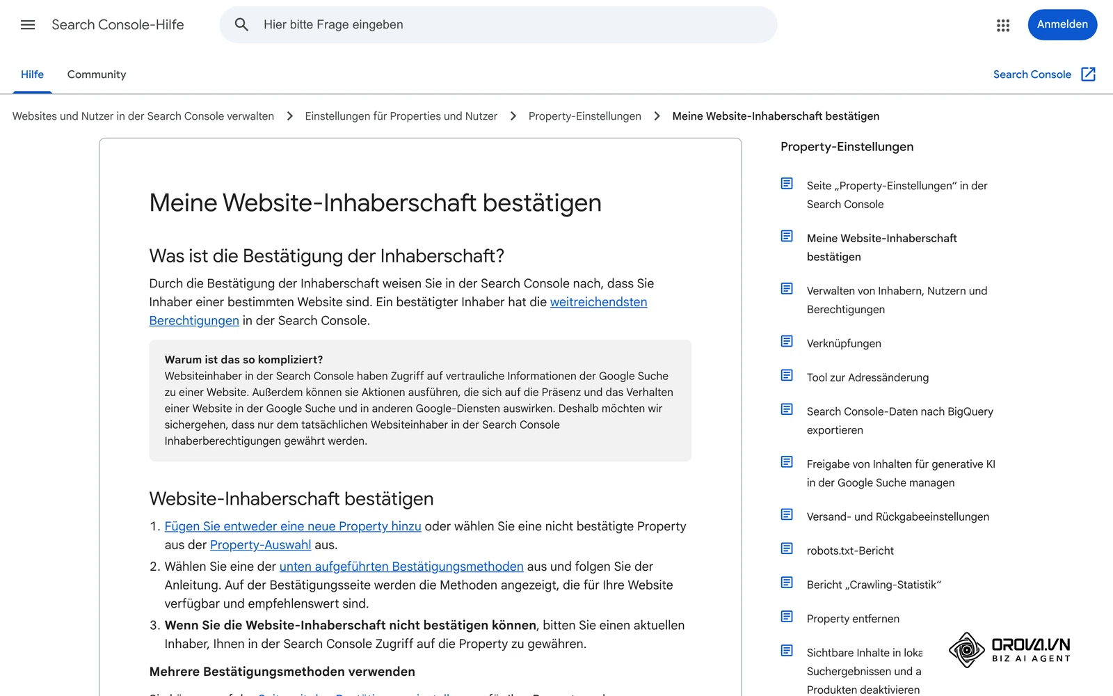 Search Console-Hilfe (deutsch): Website-Inhaberschaft bestätigen, mit den verfügbaren Bestätigungsmethoden.