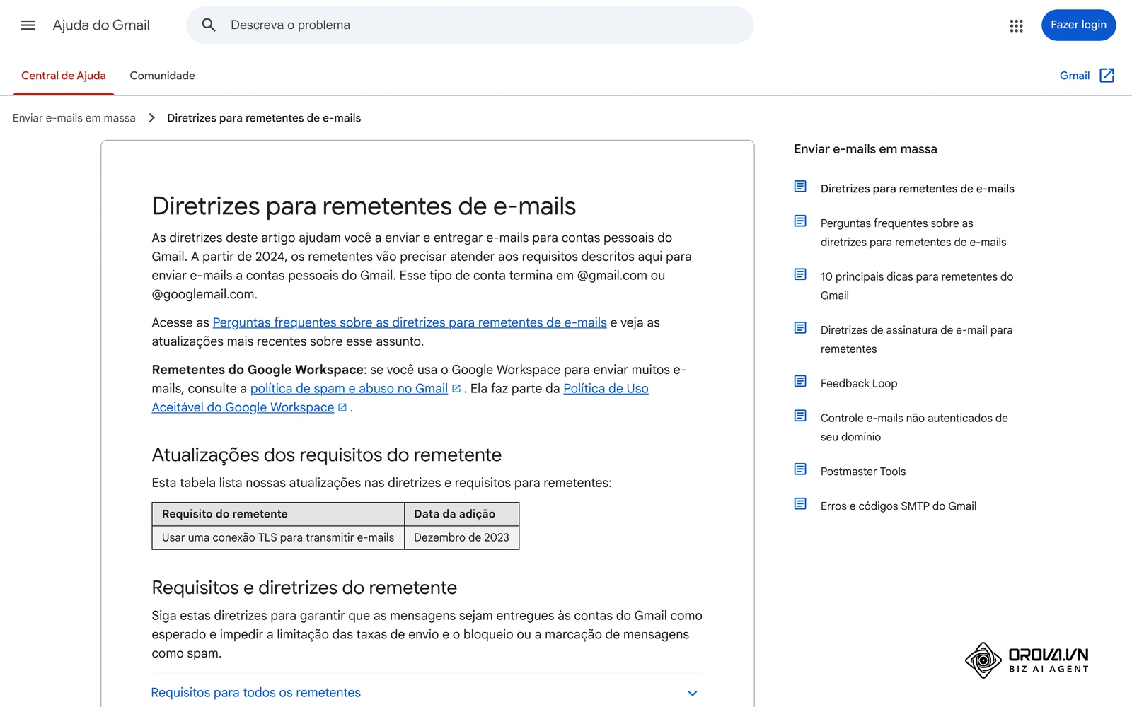 Página oficial do Google com as diretrizes para remetentes de e-mail ao Gmail, incluindo as regras para quem envia 5.000 mensagens ou mais por dia.
