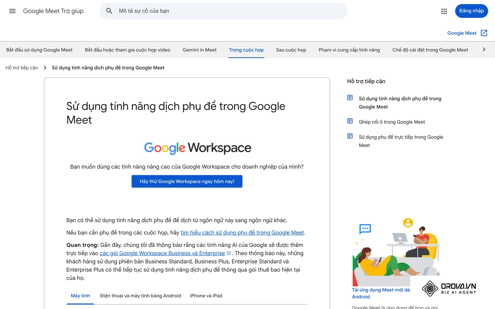 Trang trợ giúp chính thức của Google Meet (tiếng Việt) về phụ đề được dịch trong cuộc họp.