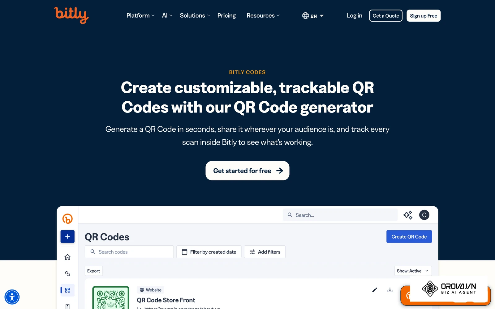 Trang tính năng mã QR của Bitly, nơi link rút gọn có thể chuyển thành mã quét.
