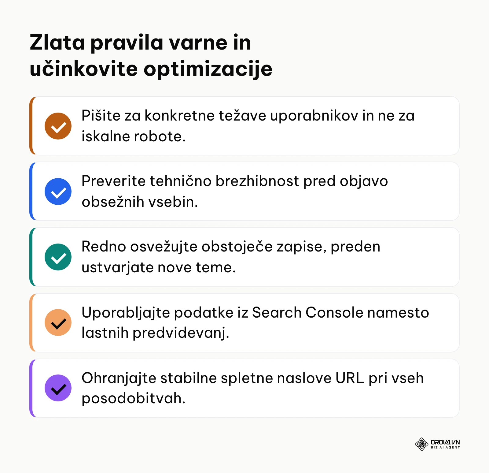 Seznam ključnih priporočil za uspešno dolgoročno optimizacijo spletnih strani.