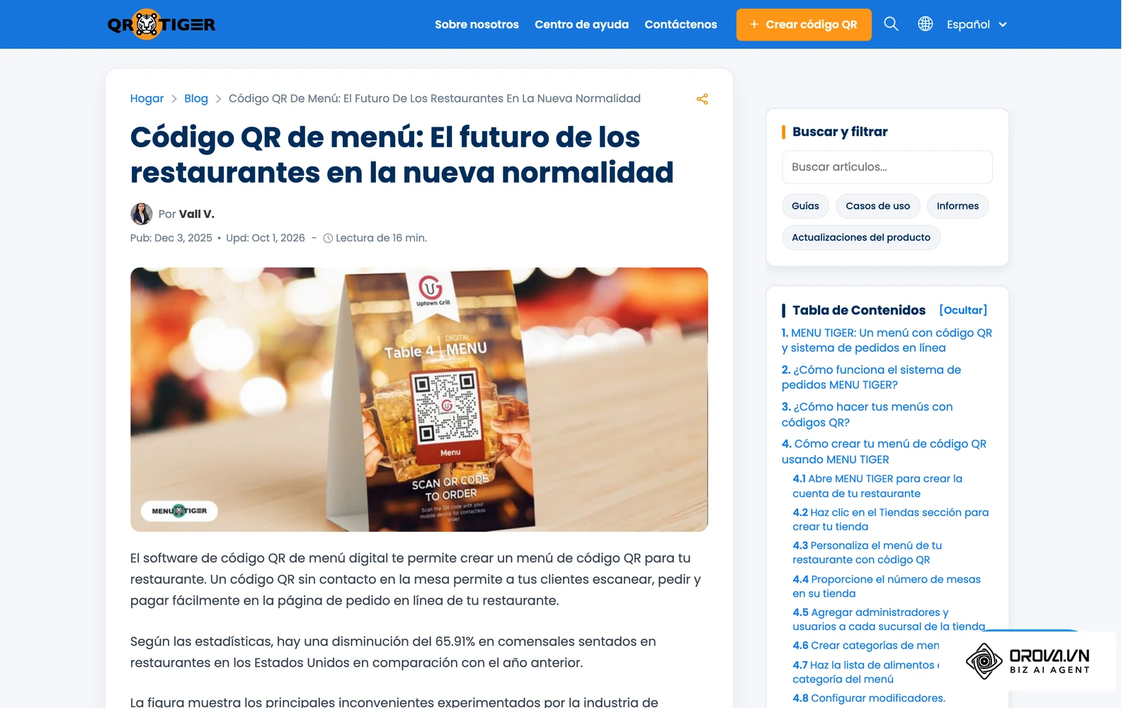 Página oficial de QR TIGER sobre menús con código QR: el comensal escanea el código de la mesa y abre la carta en su teléfono.