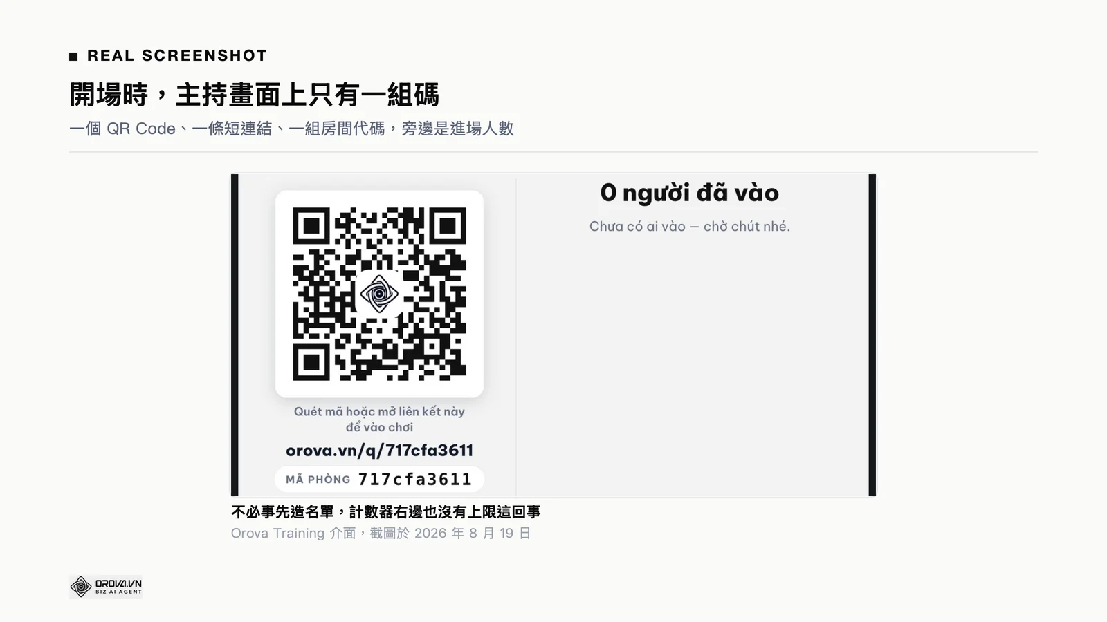 Orova Training 即時排名的主持畫面，左邊是進場用的 QR Code、短連結與房間代碼，右邊是即時更新的進場人數