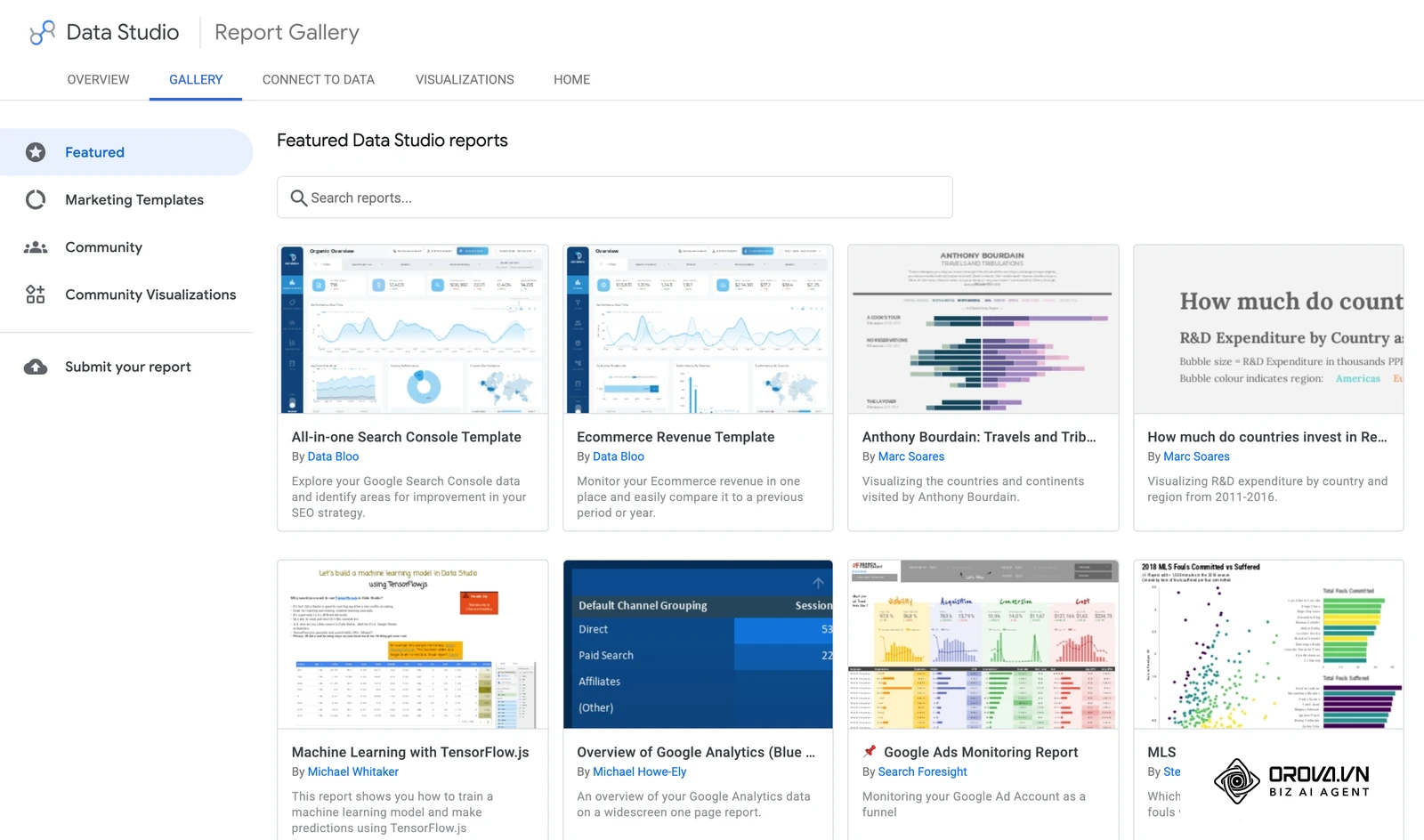Galería oficial de informes de Data Studio (antes Looker Studio) con plantillas de paneles de ingresos, comercio electrónico y marketing