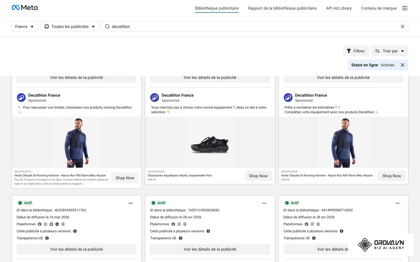 Créations publicitaires actives sur Facebook et Instagram en France, visibles dans la Bibliothèque publicitaire de Meta.