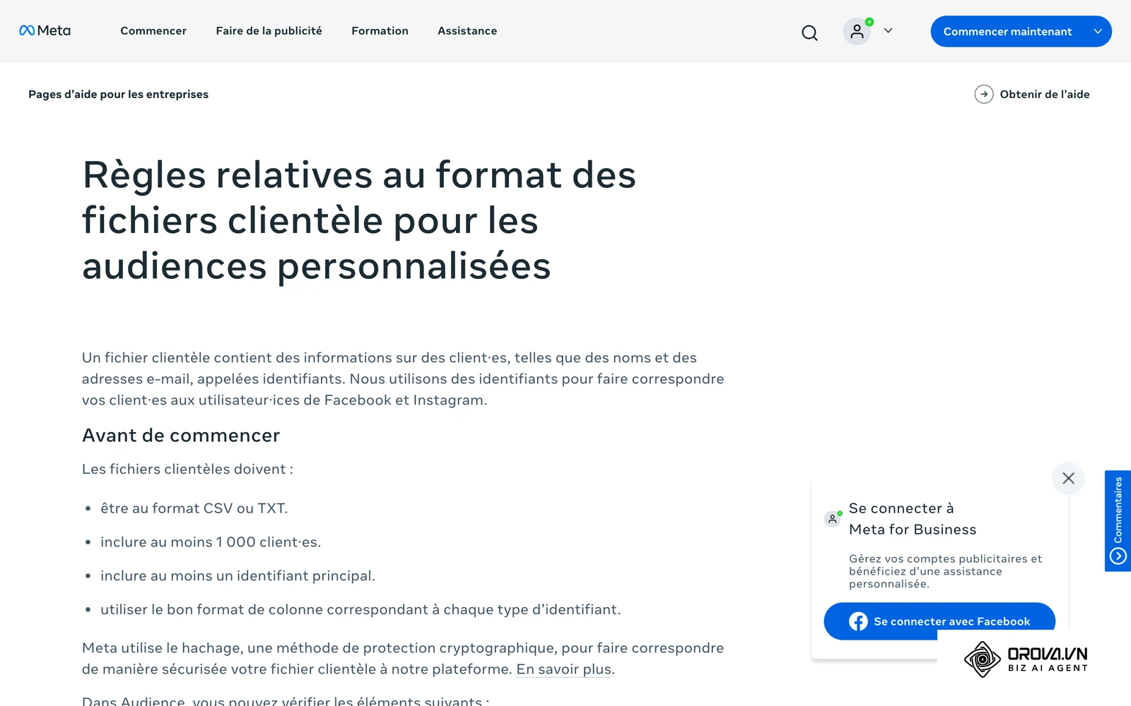 Page d'aide Meta sur les règles de format des fichiers clientèle (colonnes, formats d'email et de téléphone).