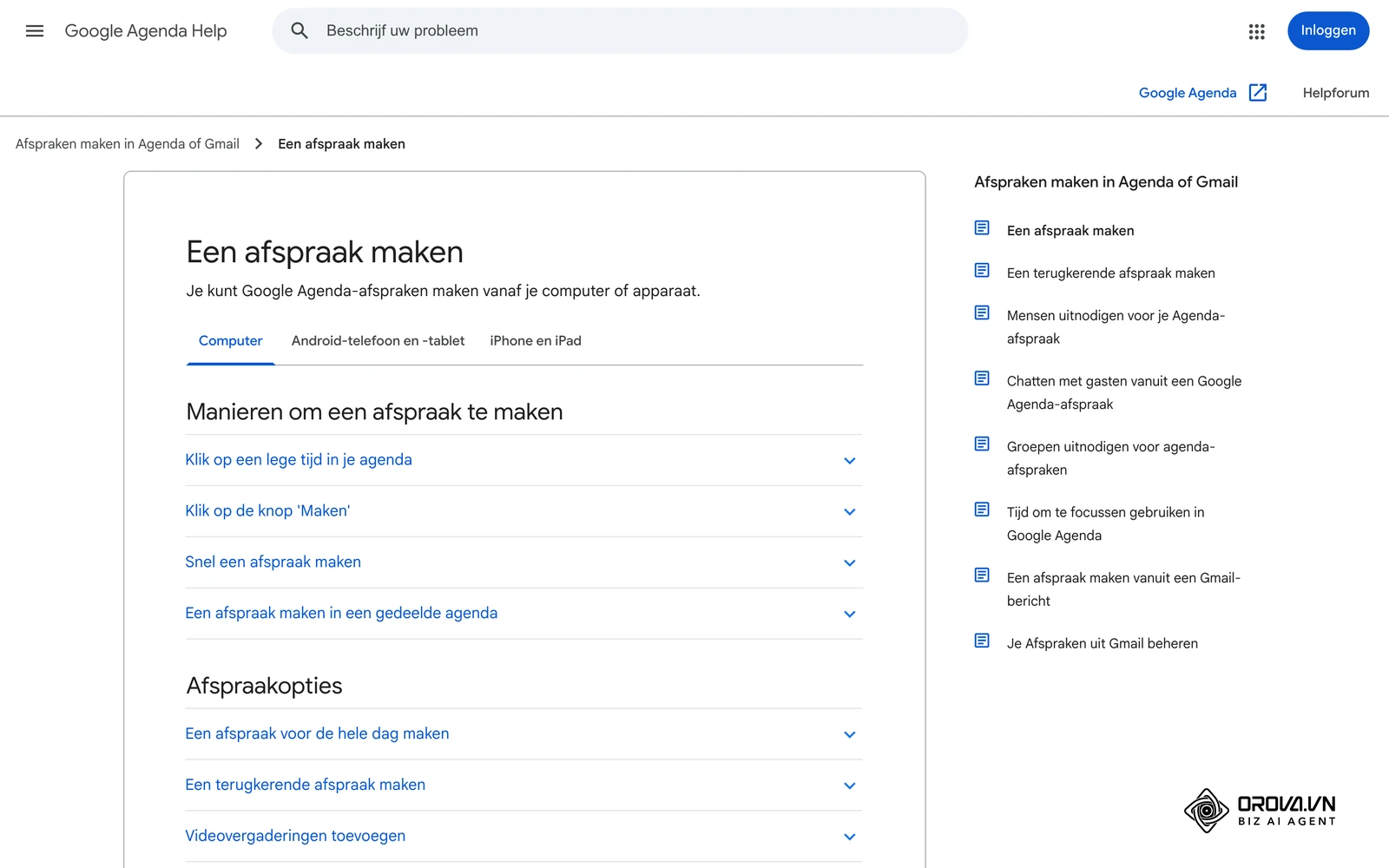 Officiële Nederlandstalige hulppagina van Google Agenda: een afspraak maken met de knop Maken en opslaan.