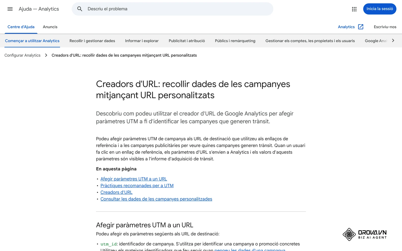 Pàgina d'ajuda de Google Analytics en català sobre els paràmetres UTM per recollir dades de campanyes amb URL personalitzats.