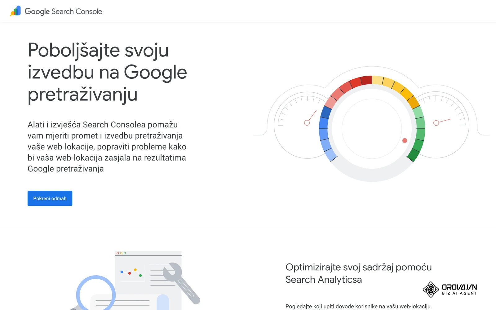 Službena predstavljačka stranica Google Search Consolea s prikazom sučelja alata.