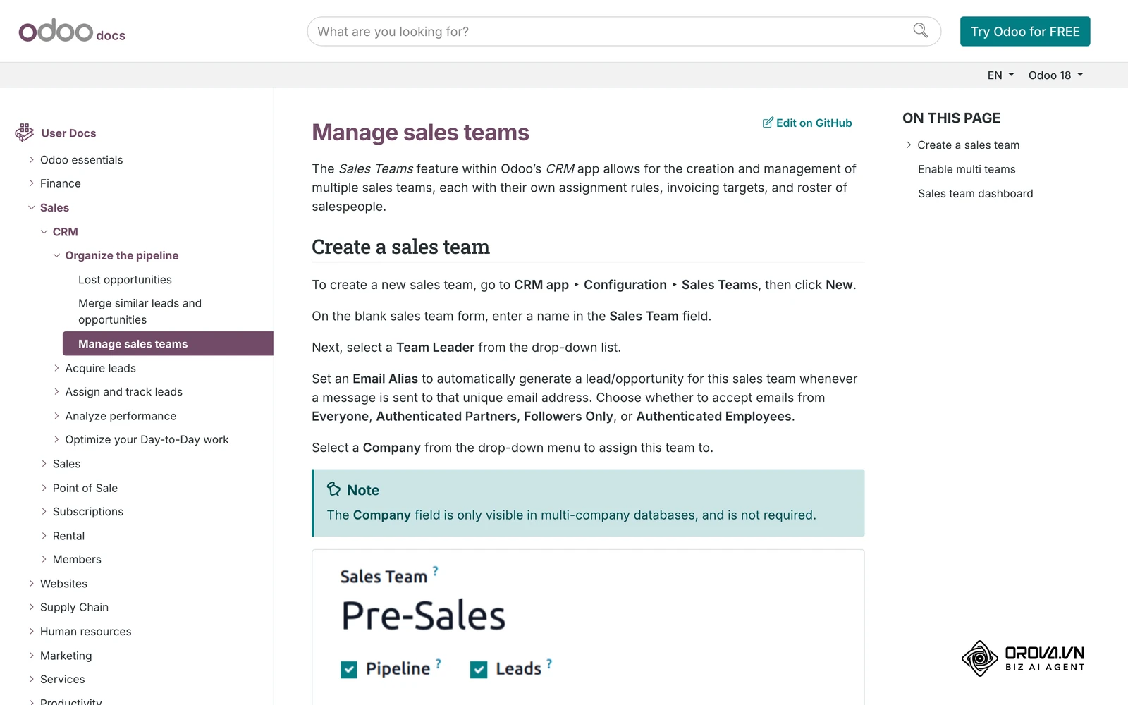 Сторінка офіційної документації Odoo CRM про керування командами продажу