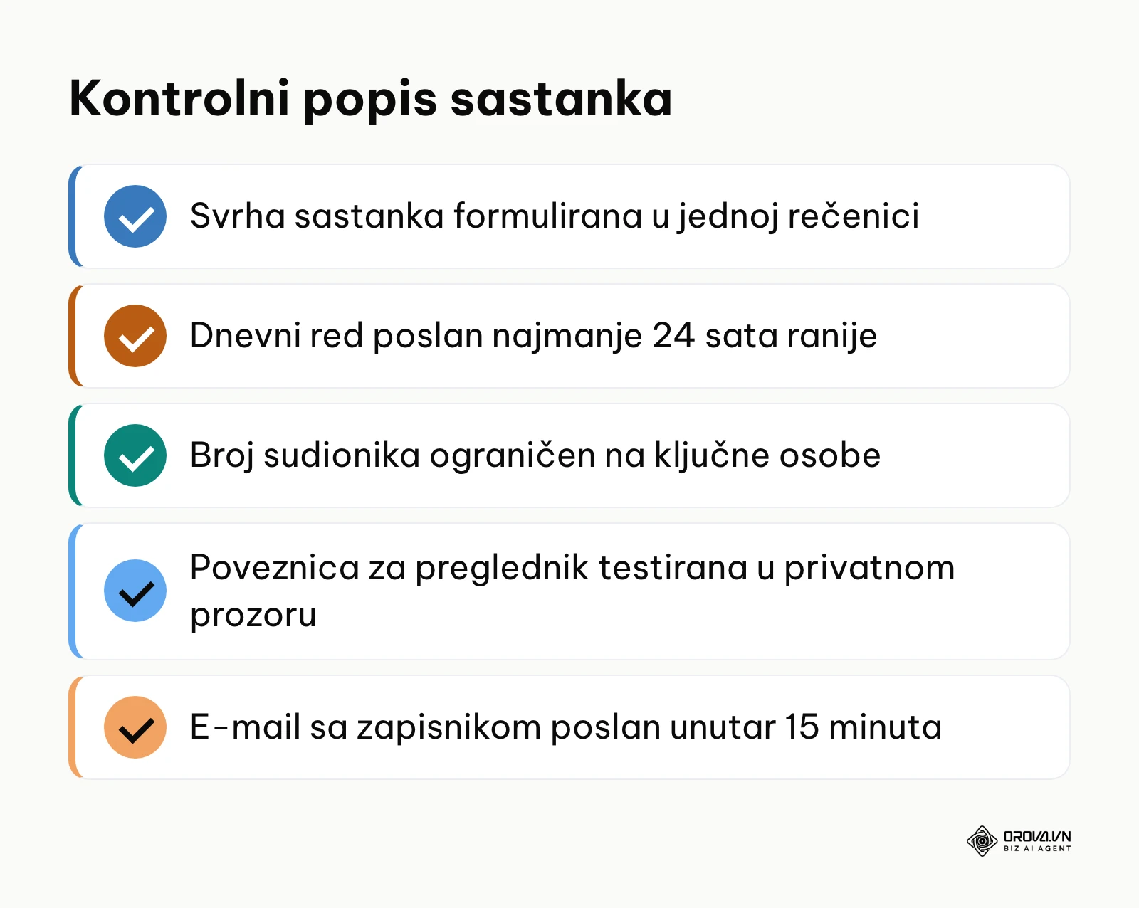 Kontrolni popis glavnih radnji za uspješan virtualni sastanak
