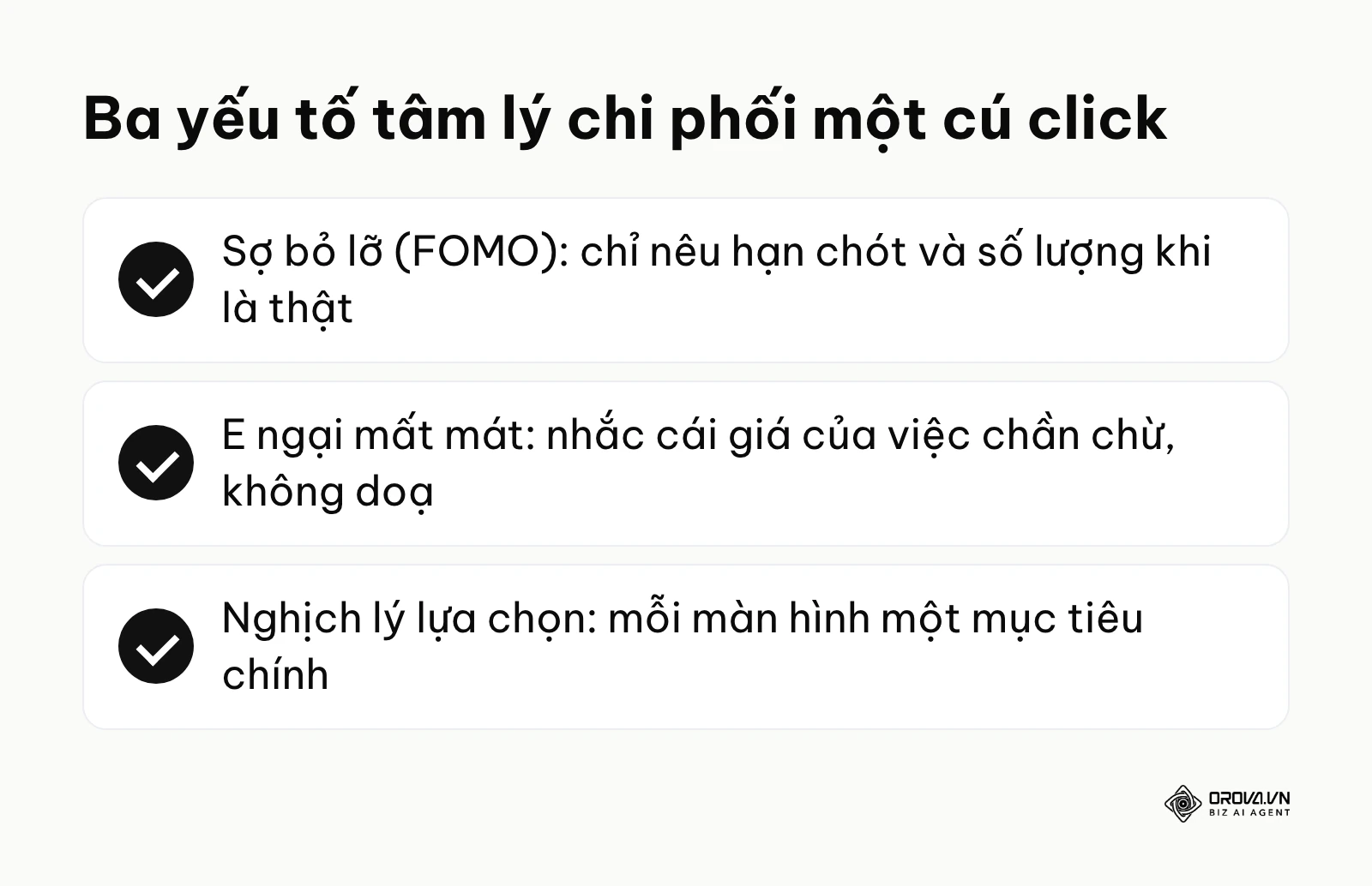 Tóm tắt ba yếu tố tâm lý đằng sau cú click: sợ bỏ lỡ, e ngại mất mát và nghịch lý của sự lựa chọn.
